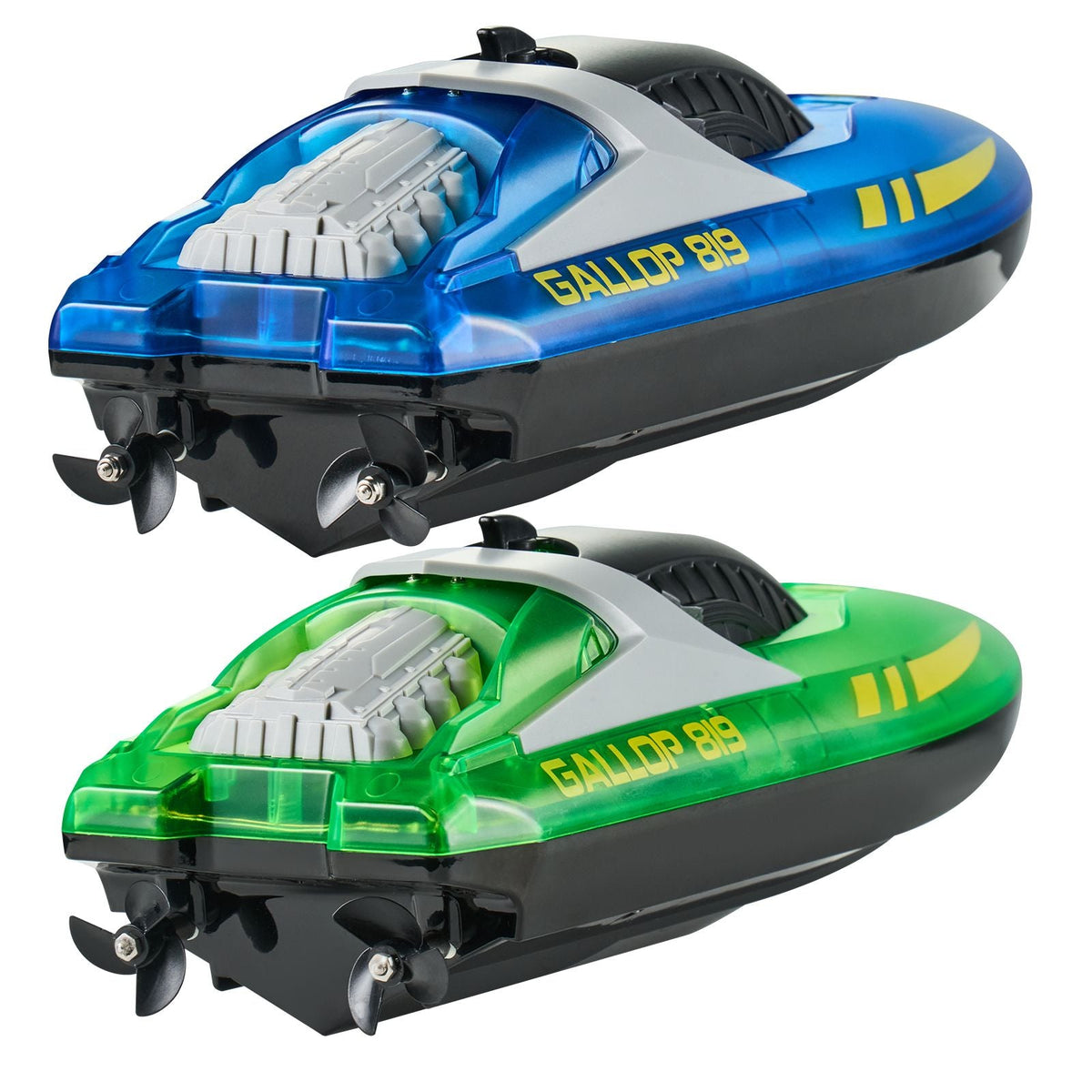 RC Boat, 2 Pack 2.4GHz 12 km/h, Remote Control Boat for Pools & Lakes, Racing Boat with LED Light, 4 Rechargeable Batteries, Whole Body Waterproof, Gift for Adults Boys & Girls, Blue & Green