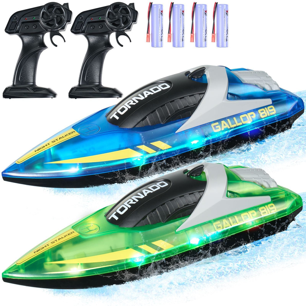 RC Boat, 2 Pack 2.4GHz 12 km/h, Remote Control Boat for Pools & Lakes, Racing Boat with LED Light, 4 Rechargeable Batteries, Whole Body Waterproof, Gift for Adults Boys & Girls, Blue & Green