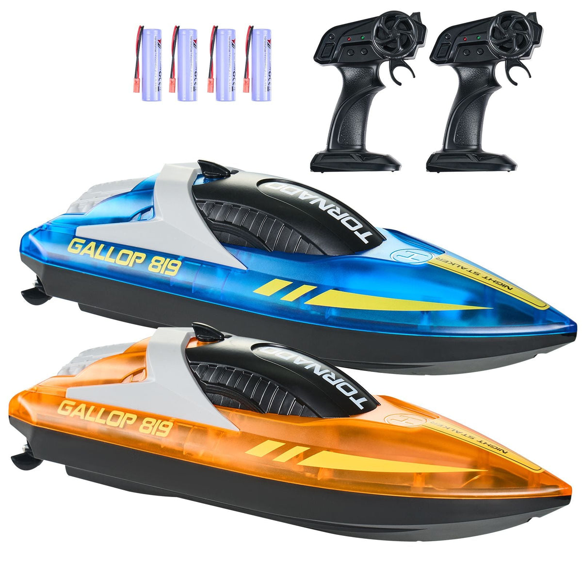 RC Boat, 2 Pack 2.4GHz 12 km/h, Remote Control Boat for Pools & Lakes, Racing Boat with LED Light, 4 Rechargeable Batteries, Whole Body Waterproof, Gift for Adults Boys & Girls, Blue & Orange
