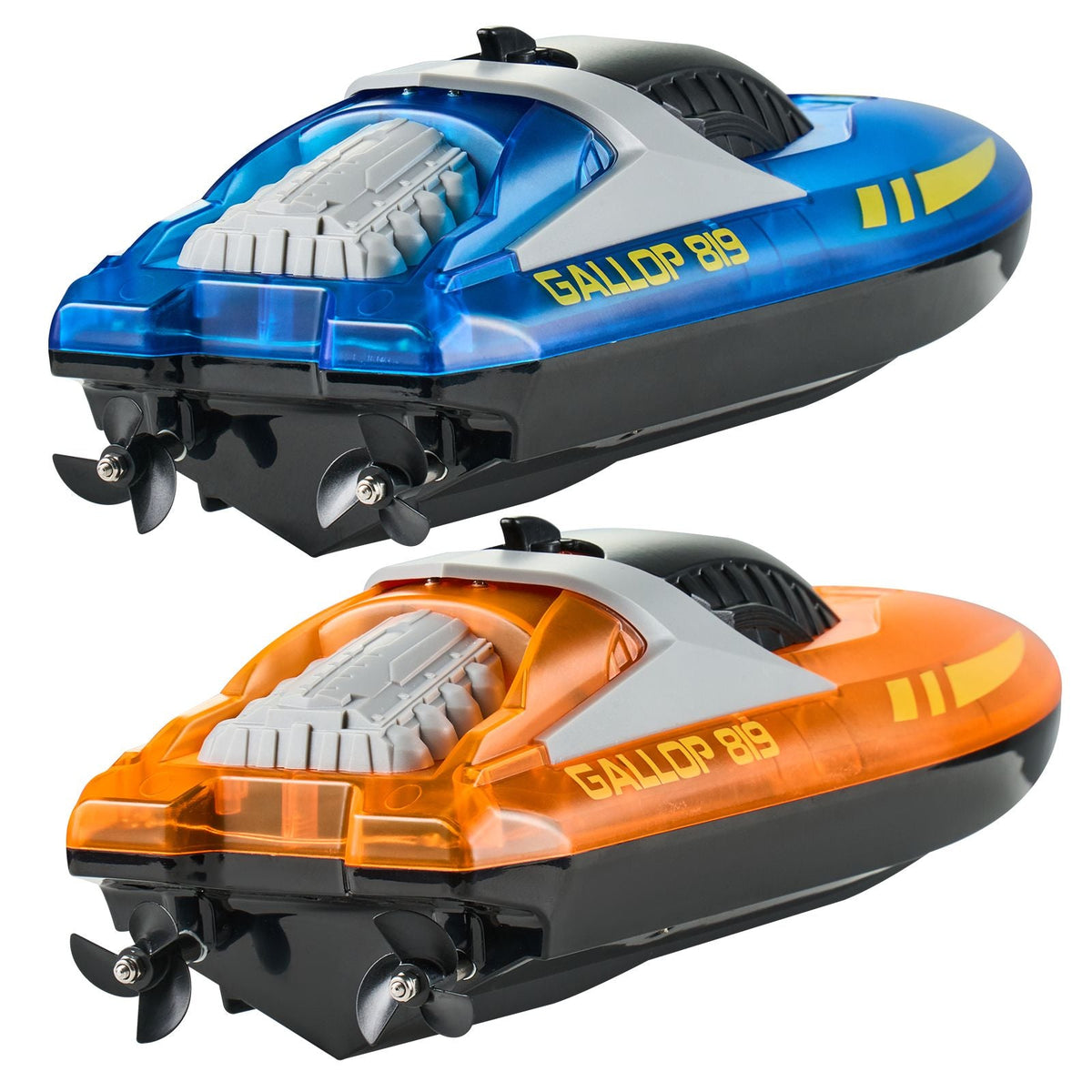 RC Boat, 2 Pack 2.4GHz 12 km/h, Remote Control Boat for Pools & Lakes, Racing Boat with LED Light, 4 Rechargeable Batteries, Whole Body Waterproof, Gift for Adults Boys & Girls, Blue & Orange