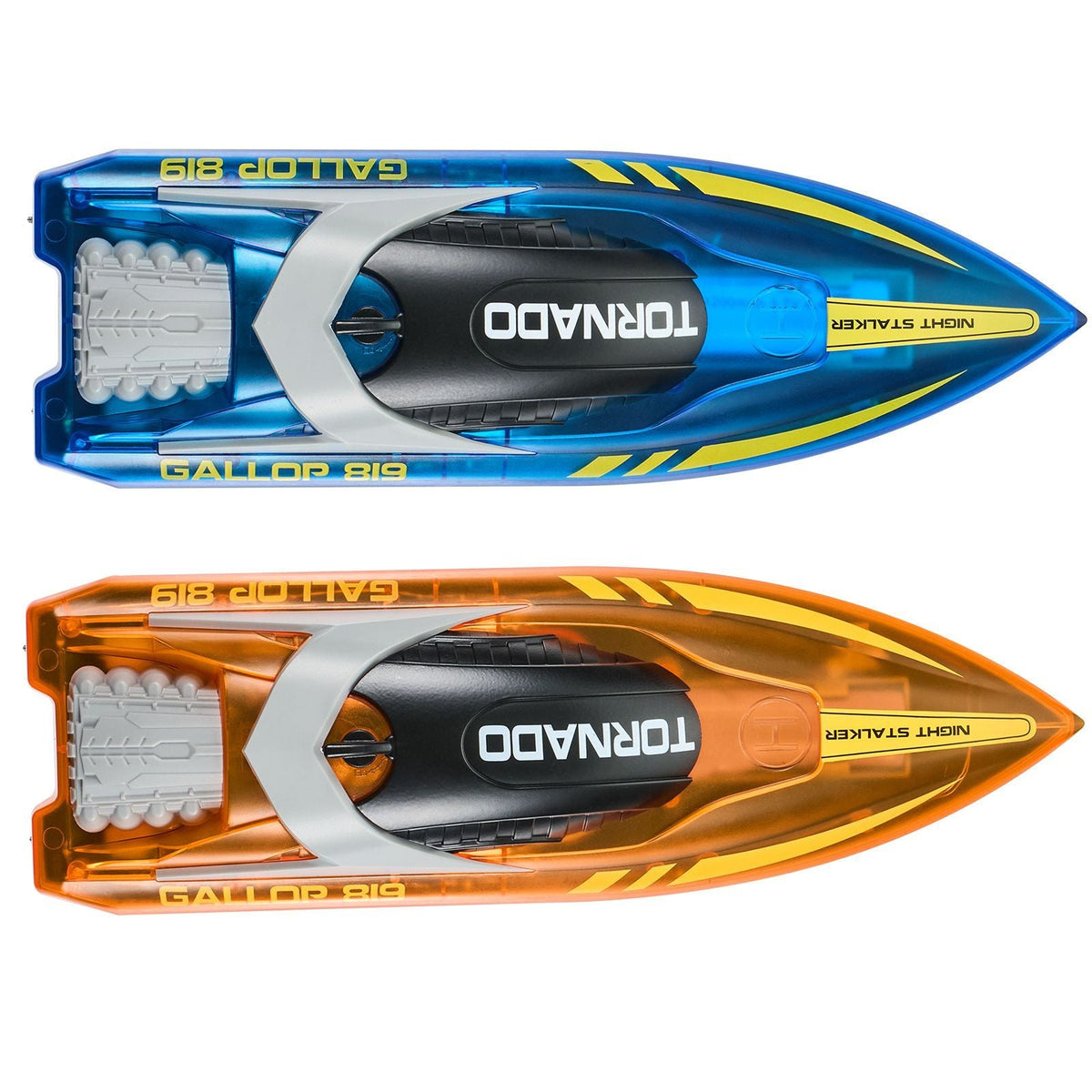 RC Boat, 2 Pack 2.4GHz 12 km/h, Remote Control Boat for Pools & Lakes, Racing Boat with LED Light, 4 Rechargeable Batteries, Whole Body Waterproof, Gift for Adults Boys & Girls, Blue & Orange