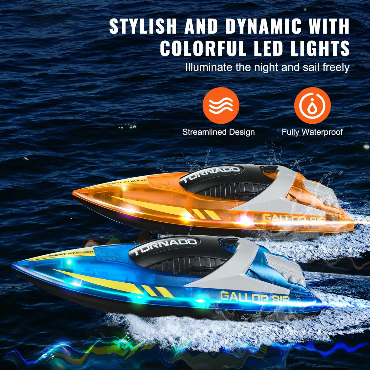 RC Boat, 2 Pack 2.4GHz 12 km/h, Remote Control Boat for Pools & Lakes, Racing Boat with LED Light, 4 Rechargeable Batteries, Whole Body Waterproof, Gift for Adults Boys & Girls, Blue & Orange