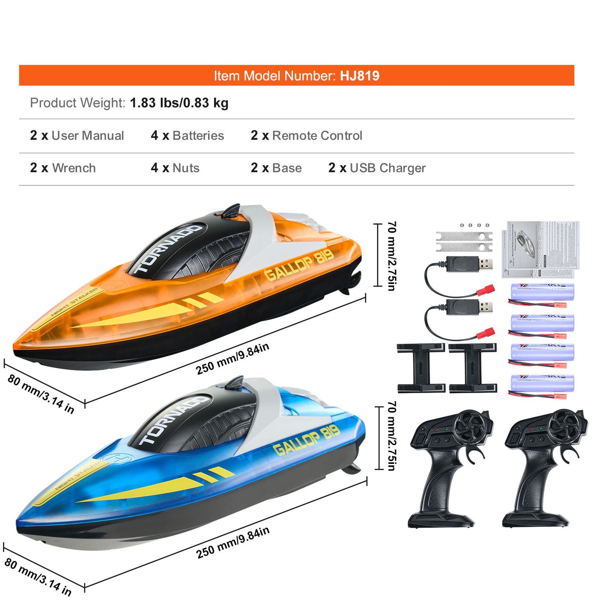 RC Boat, 2 Pack 2.4GHz 12 km/h, Remote Control Boat for Pools & Lakes, Racing Boat with LED Light, 4 Rechargeable Batteries, Whole Body Waterproof, Gift for Adults Boys & Girls, Blue & Orange