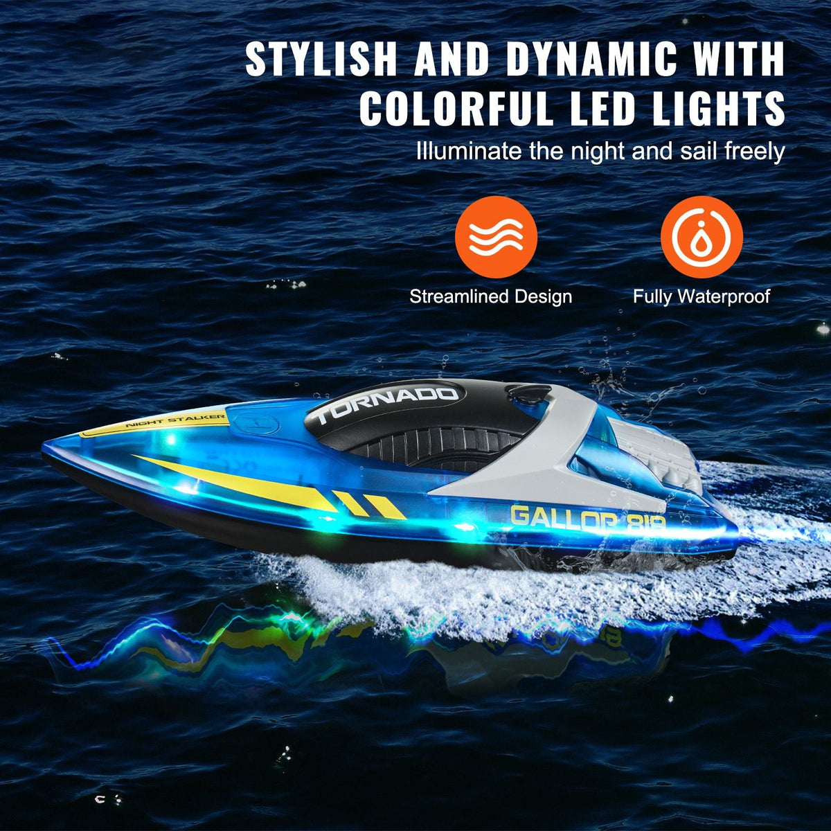 RC Boat, 2.4GHz 12 km/h, Remote Control Boat for Pools & Lakes, Racing Boat with LED Light, 2 Rechargeable Batteries, Whole Body Waterproof, Water Play Toy Gift for Adults Boys & Girls, Blue