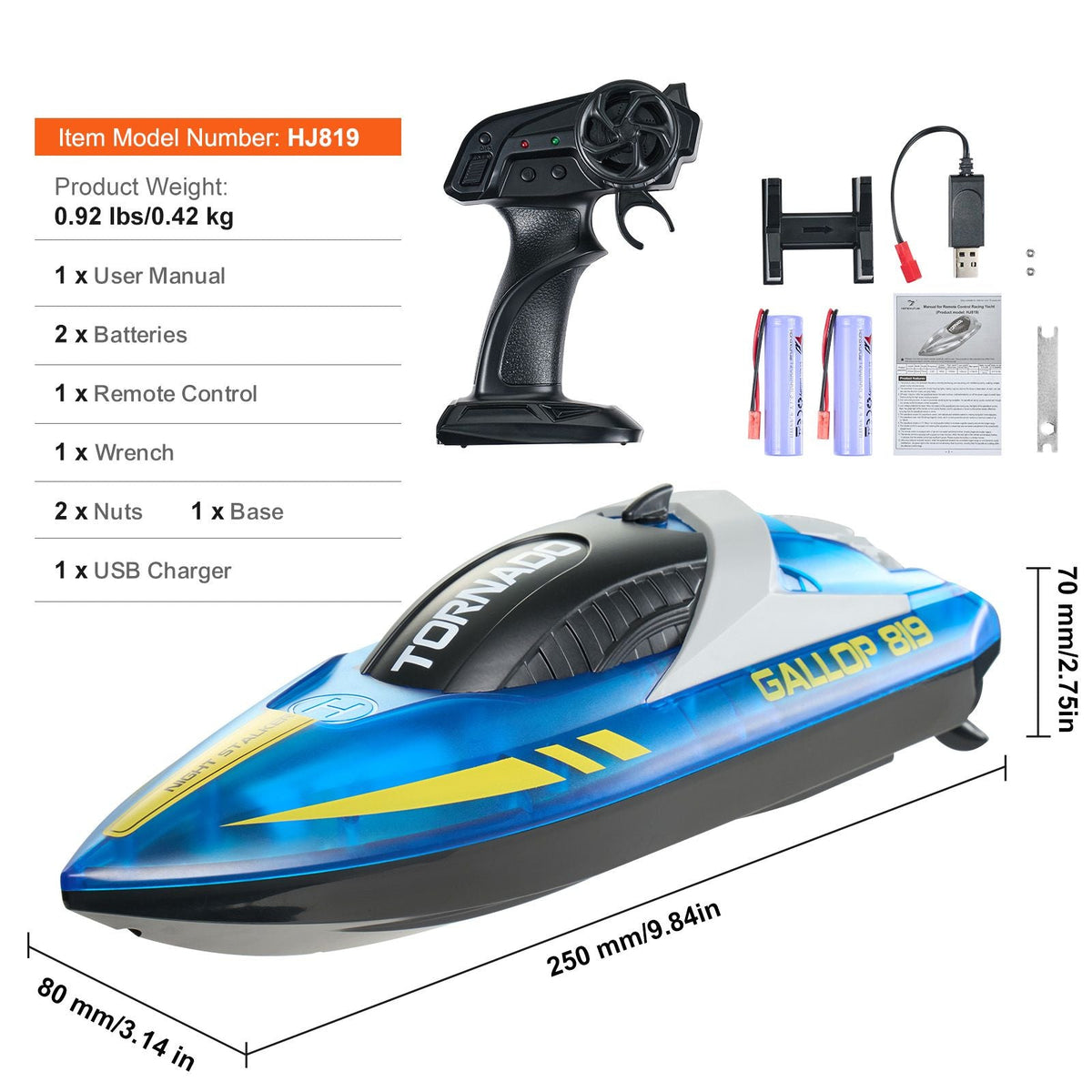 RC Boat, 2.4GHz 12 km/h, Remote Control Boat for Pools & Lakes, Racing Boat with LED Light, 2 Rechargeable Batteries, Whole Body Waterproof, Water Play Toy Gift for Adults Boys & Girls, Blue