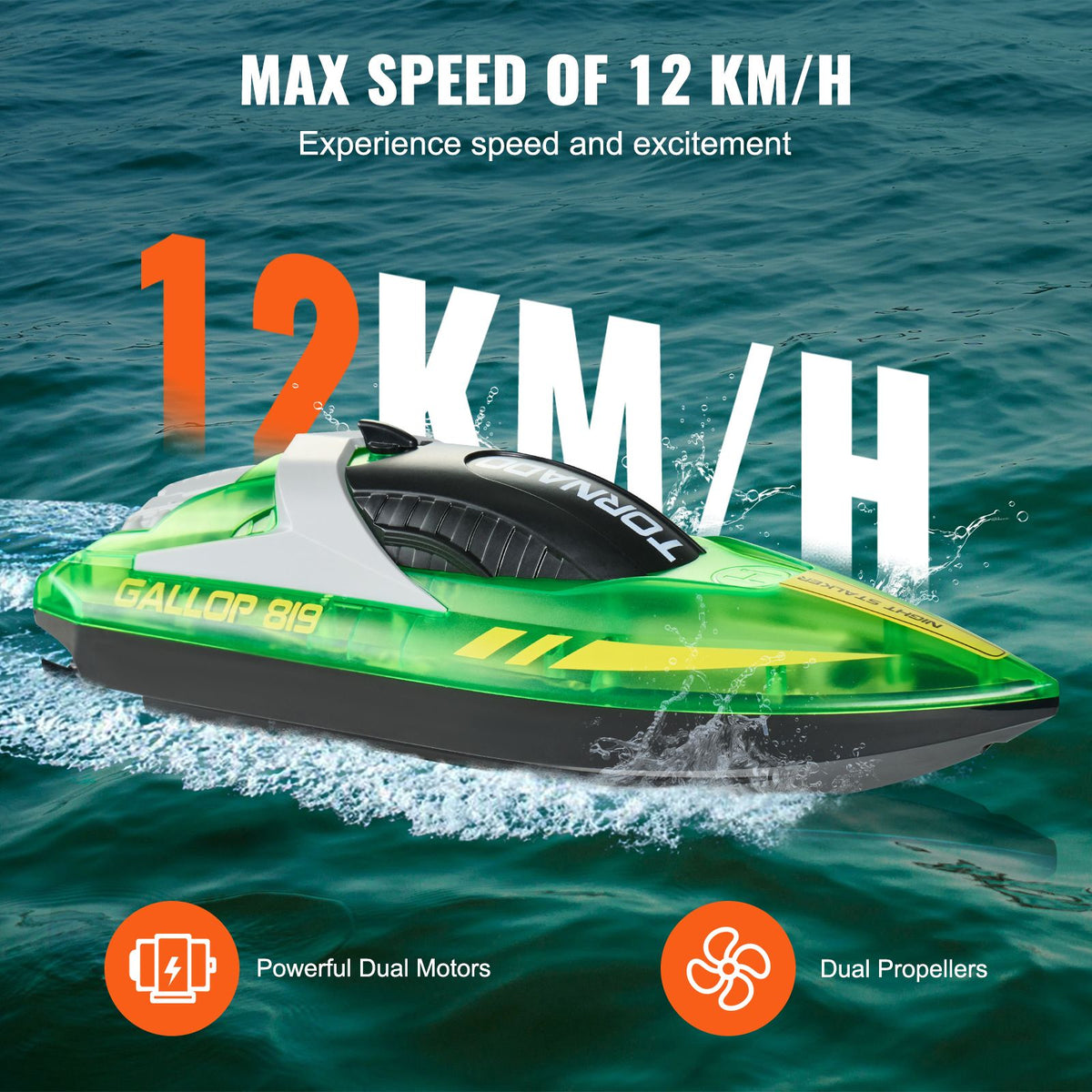 RC Boat, 2.4GHz 12 km/h, Remote Control Boat for Pools & Lakes, Racing Boat with LED Light, 2 Rechargeable Batteries, Whole Body Waterproof, Water Play Toy Gift for Adults Boys & Girls, Green