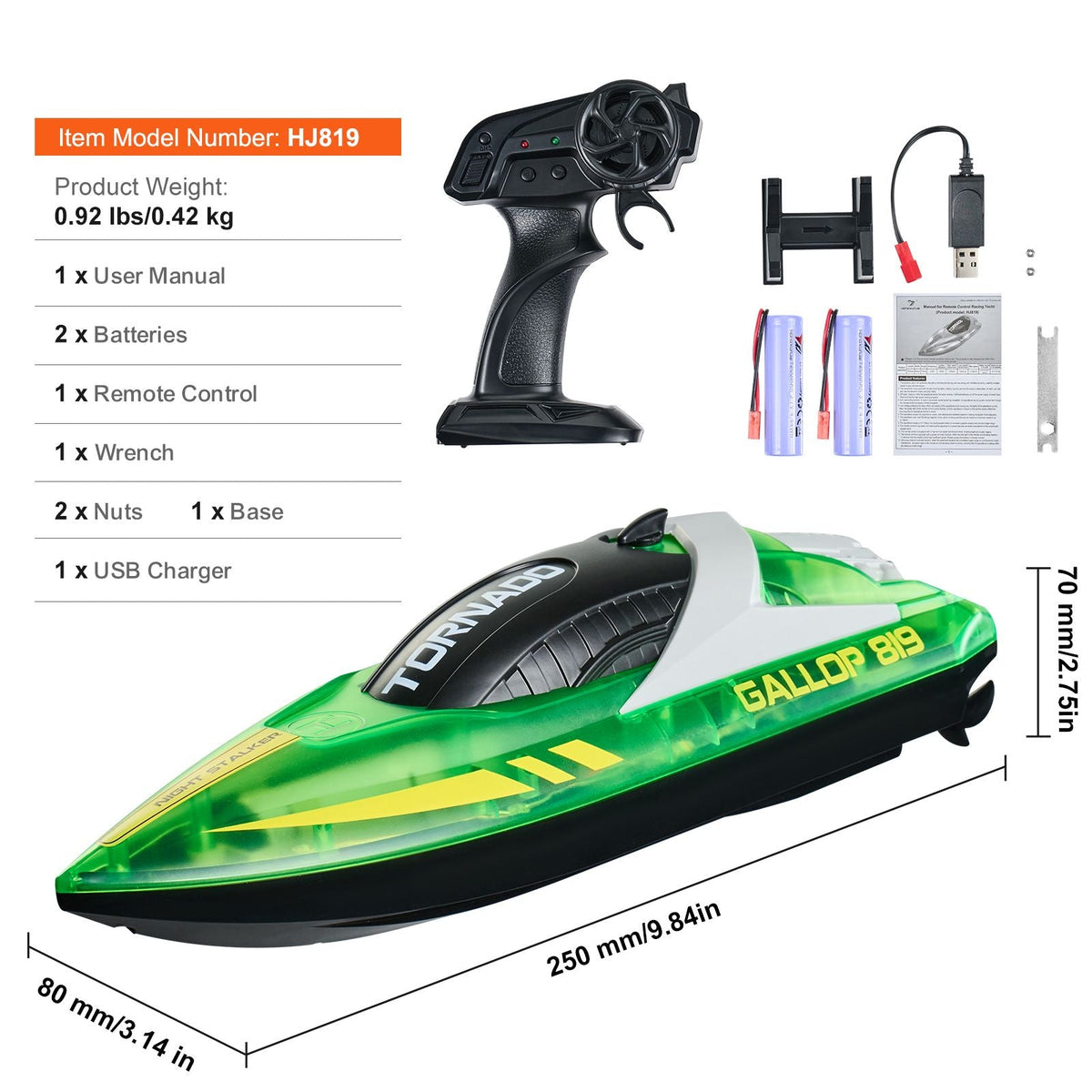 RC Boat, 2.4GHz 12 km/h, Remote Control Boat for Pools & Lakes, Racing Boat with LED Light, 2 Rechargeable Batteries, Whole Body Waterproof, Water Play Toy Gift for Adults Boys & Girls, Green