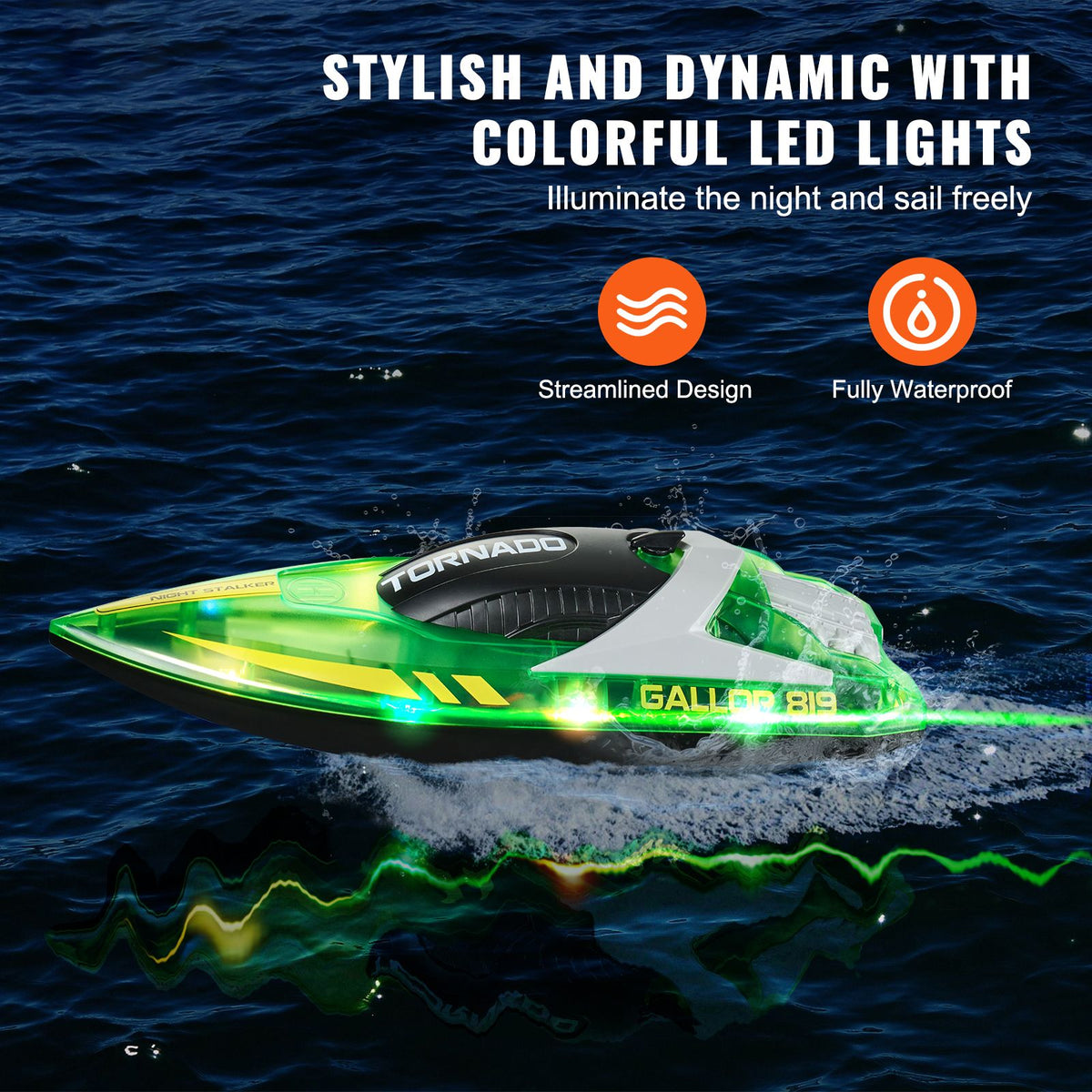 RC Boat, 2.4GHz 12 km/h, Remote Control Boat for Pools & Lakes, Racing Boat with LED Light, 2 Rechargeable Batteries, Whole Body Waterproof, Water Play Toy Gift for Adults Boys & Girls, Green