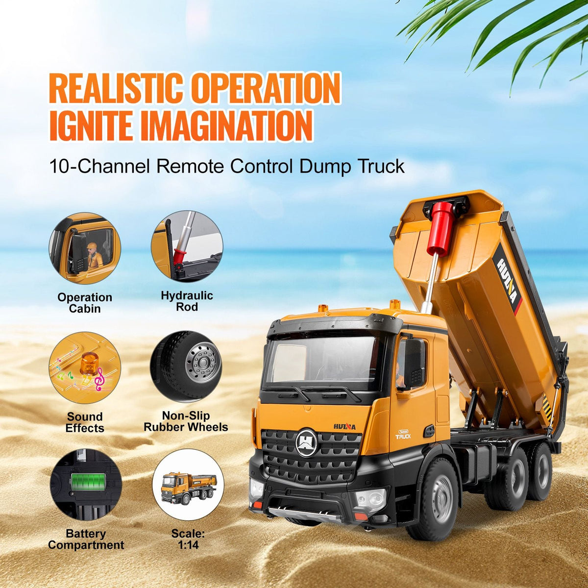 RC Dump Truck Toy, 10-Channel 1:14 Scale, Remote Control Dump Truck RC Construction Vehicle Truck Toy with Light & 2 Rechargeable Batteries Birthday Gift for Toddlers Kids Boys and Girls Age 8+