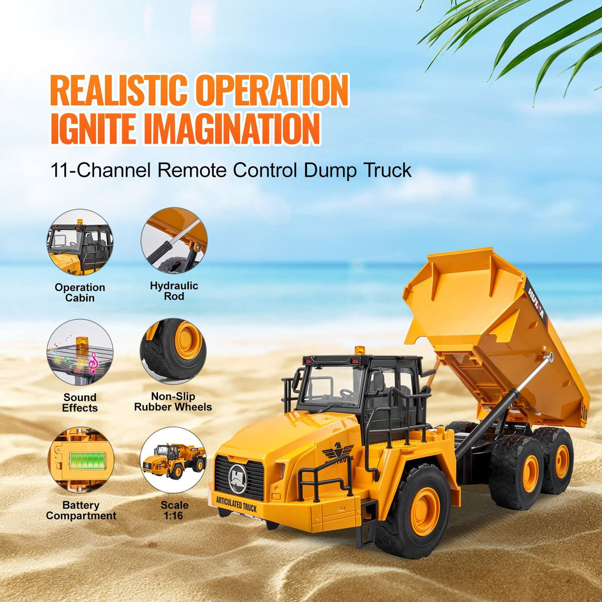 RC Dump Truck Toy, 11-Channel 1:16 Scale, Remote Control Dump Truck RC Construction Vehicle Truck Toy with Metal Cabin & Light, 2 Rechargeable Batteries for Toddlers Kids Boys and Girls Age 8+