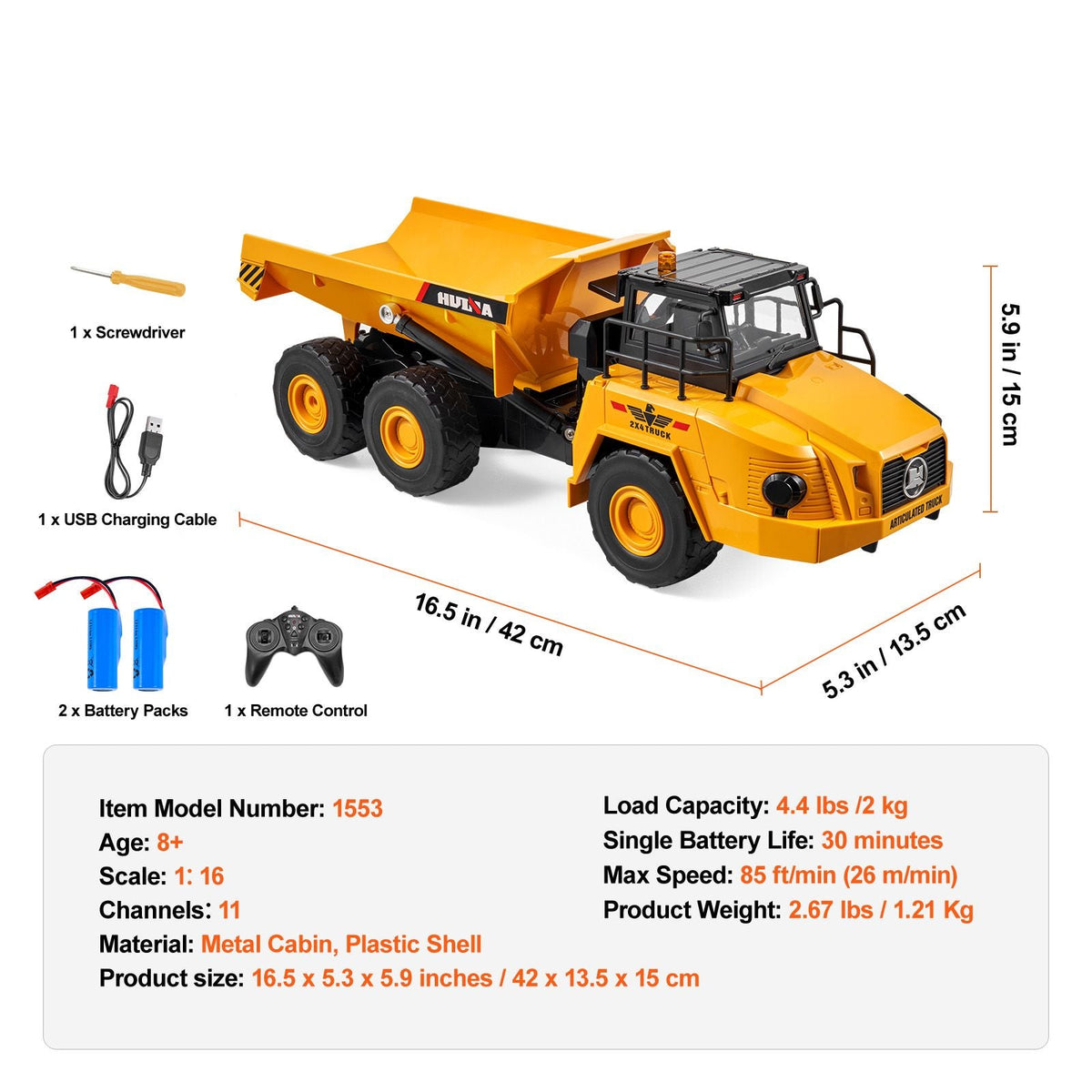 RC Dump Truck Toy, 11-Channel 1:16 Scale, Remote Control Dump Truck RC Construction Vehicle Truck Toy with Metal Cabin & Light, 2 Rechargeable Batteries for Toddlers Kids Boys and Girls Age 8+