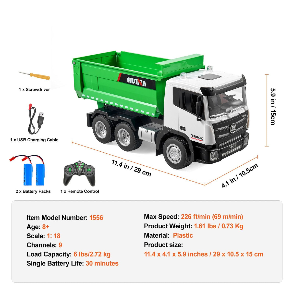 RC Dump Truck Toy, 9-Channel 1:18 Scale, Remote Control Dump Truck RC Construction Vehicle Truck Toy with Light & 2 Rechargeable Batteries Birthday Gift for Toddlers Kids Boys and Girls Age 8+