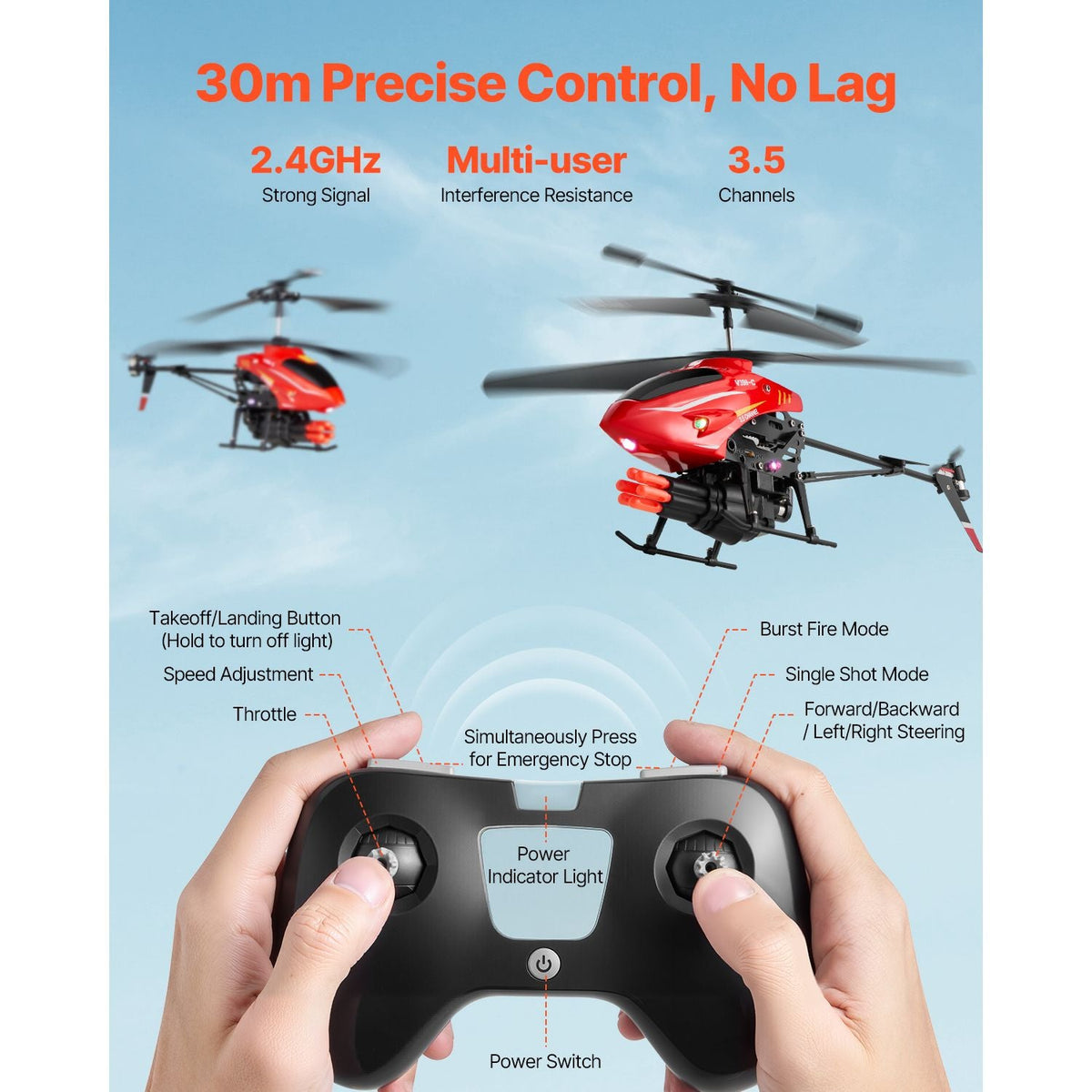 RC Helicopter, 2.4GHz Flying Remote Control Helicopter with Shooting Mode, 3.5 Channel RC Airplane for Kid, Altitude Hold, One-Key Takeoff/Landing & LED Lights, Toys for Kids Ages 14 and up