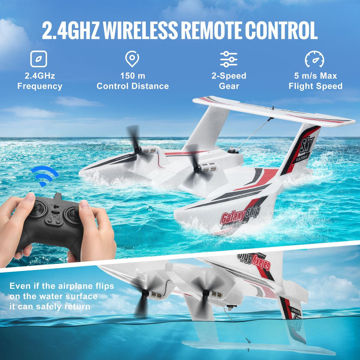 RC Plane, 2.4GHZ 3 Channel Remote Control Airplane with 6-Axis Gyro Stabilizer, Ready to Fly Amphibious Aircraft Plane Toy with 2 Batteries, Easy to Fly RC Glider for Adults Kids Beginners Boys