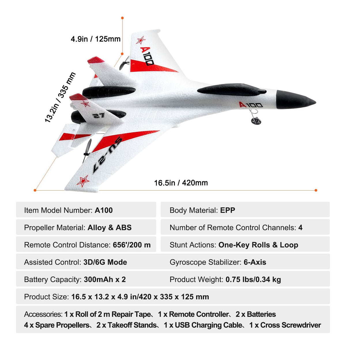 RC Plane, 2.4GHZ 4 Channel Remote Control Airplane with 6-Axis Gyro Stabilizer, Ready to Fly Fighter Aircraft Plane Toy with 2 Batteries, Easy to Fly RC Glider for Adults Kids Beginners Boys