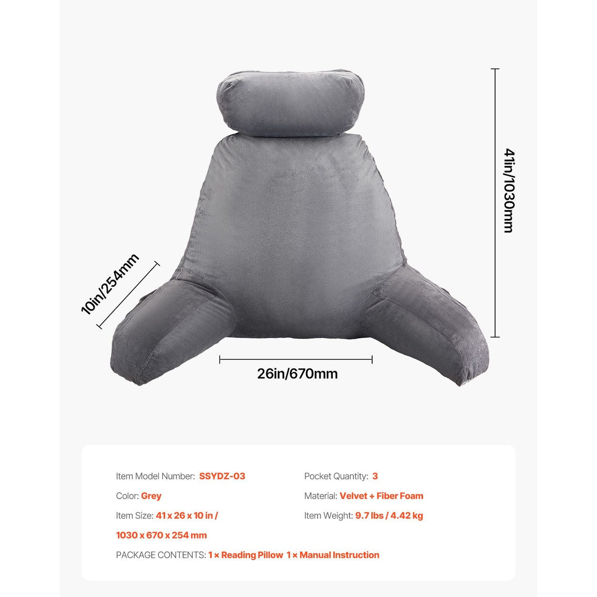 Reading Pillow, Large Bed Pillow with Removable Headrest, Back Pillow with 3 Pockets, Shredded Memory Foam and Washable Short Velvet Cloth, Side with Handles for Reading, Gaming, Resting, Grey