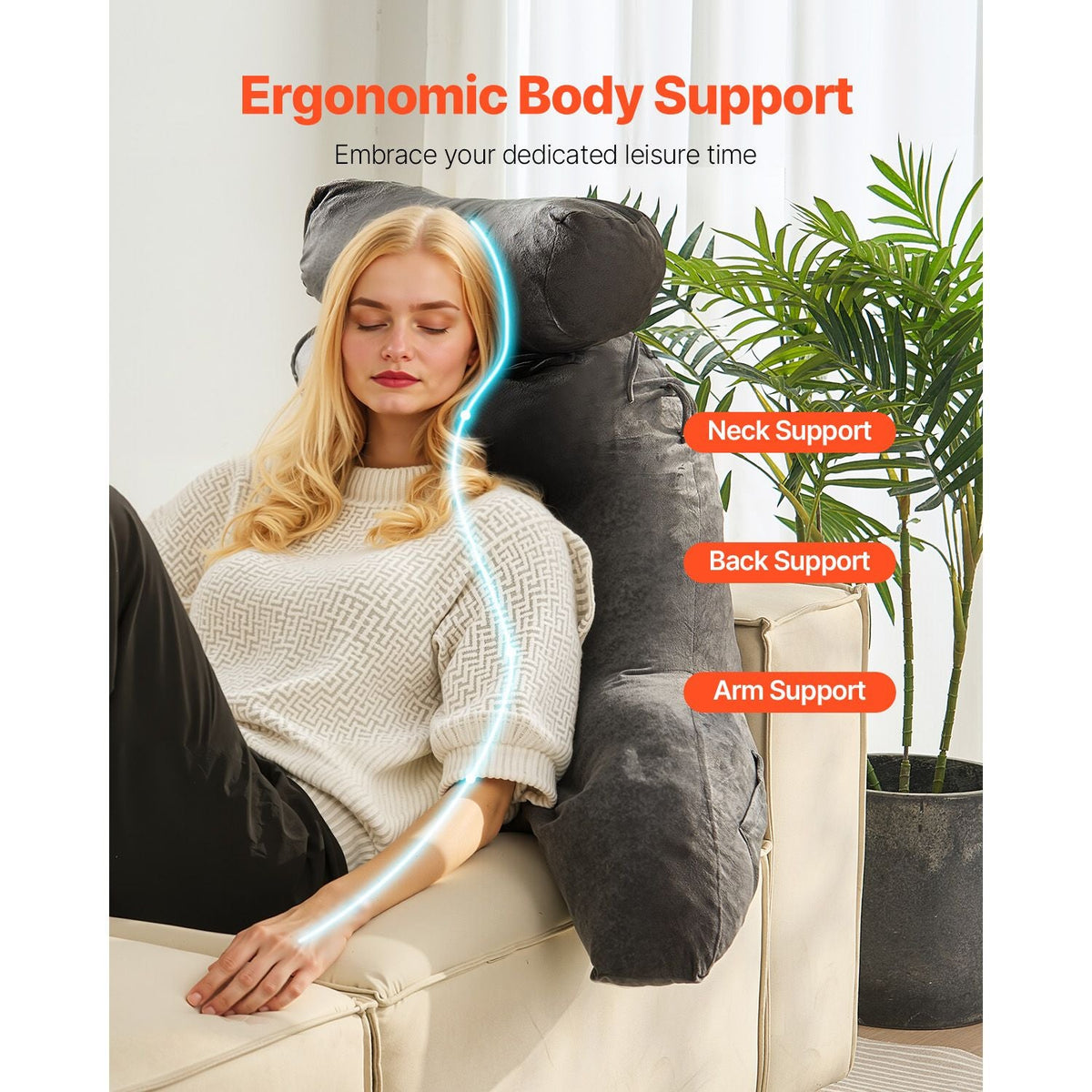 Reading Pillow, Large Bed Pillow with Removable Headrest, Back Pillow with 3 Pockets, Shredded Memory Foam and Washable Short Velvet Cloth, Side with Handles for Reading, Gaming, Resting, Grey