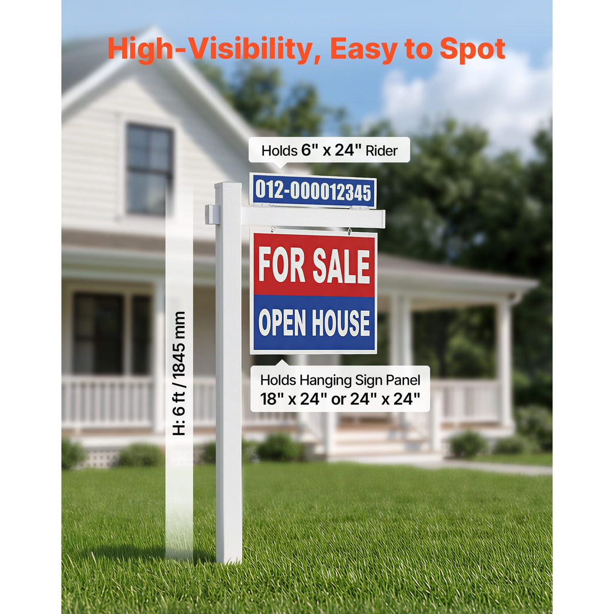 Real Estate Sign Post, 2-Pack, 6 ft Tall, PVC Realtor Yard Sign Holder with 36 in Arm Holds up to 24 in, Easy to Install, Wind-Resistant, for Open House and Home, Yard, Road, White (No Signs)