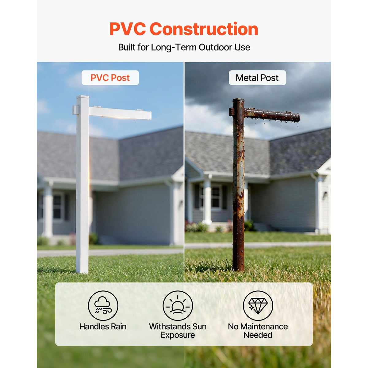 Real Estate Sign Post, 2-Pack, 6 ft Tall, PVC Realtor Yard Sign Holder with 36 in Arm Holds up to 24 in, Easy to Install, Wind-Resistant, for Open House and Home, Yard, Road, White (No Signs)