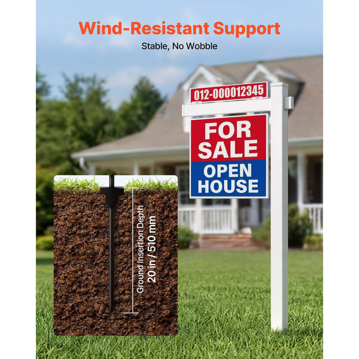 Real Estate Sign Post, 2-Pack, 6 ft Tall, PVC Realtor Yard Sign Holder with 36 in Arm Holds up to 24 in, Easy to Install, Wind-Resistant, for Open House and Home, Yard, Road, White (No Signs)