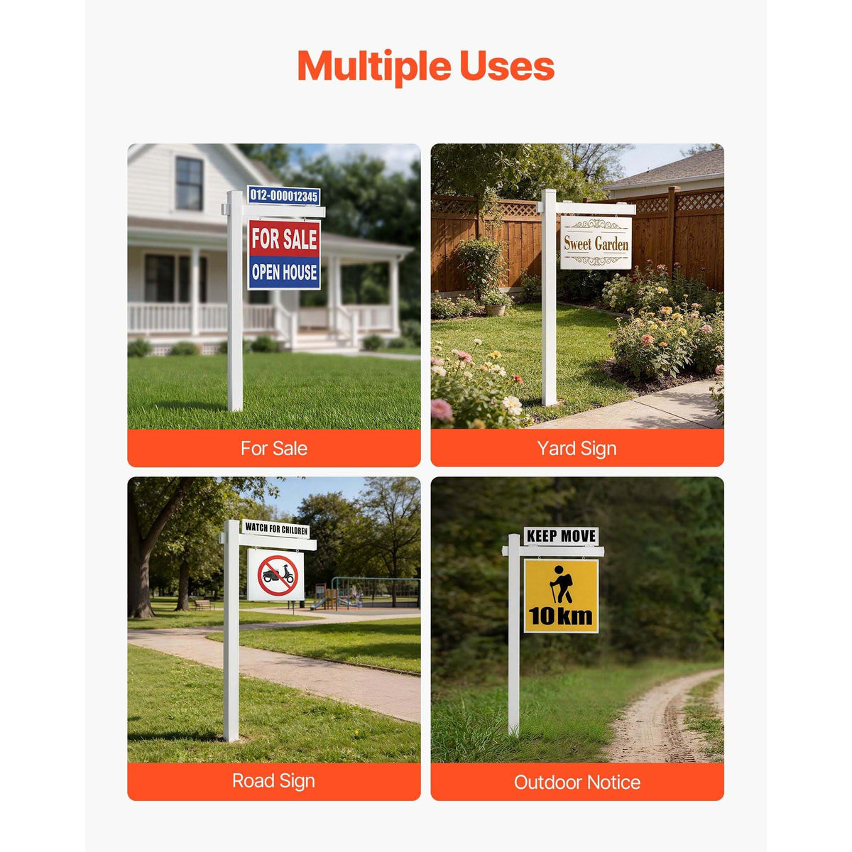 Real Estate Sign Post, 2-Pack, 6 ft Tall, PVC Realtor Yard Sign Holder with 36 in Arm Holds up to 24 in, Easy to Install, Wind-Resistant, for Open House and Home, Yard, Road, White (No Signs)