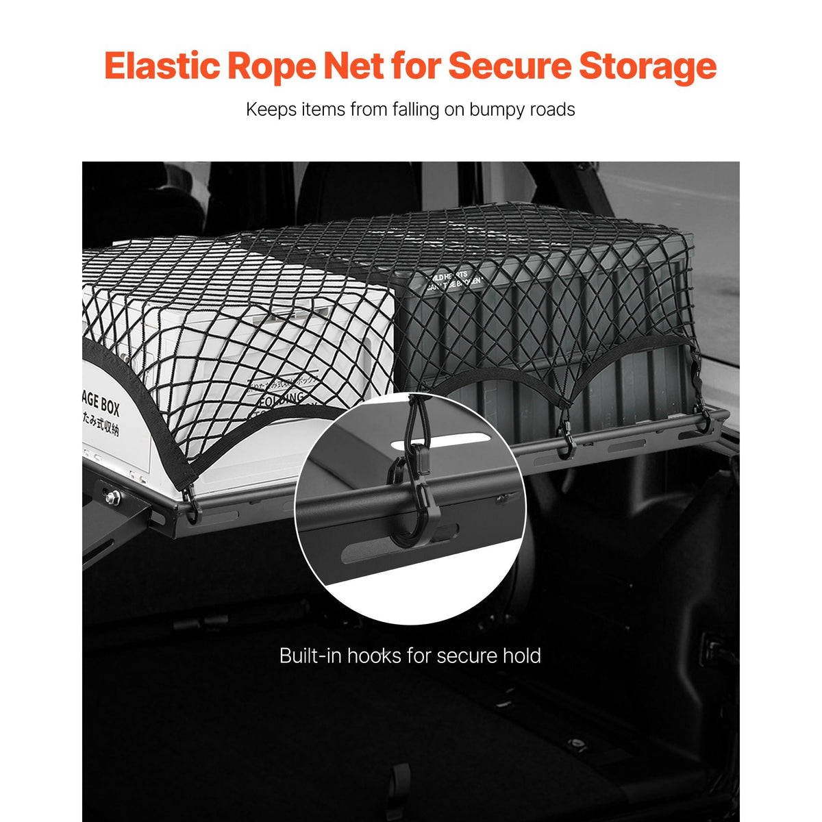 Rear Trunk Cargo Rack, for 2007-2024 Jeep Wrangler JK, 300 lbs Capacity, Carbon Steel Basket Tray Interior Storage Luggage Carrier with Net, Shelf Stand Organizer for Camping Trip Gear, Black