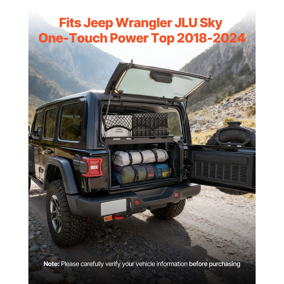 Rear Trunk Cargo Rack, for 2018-2024 Jeep Wrangler JLU Sky One-Touch Power Top, 300 lbs, Carbon Steel Basket Tray Interior Storage Luggage Carrier with Net, Shelf Stand Organizer for Camping