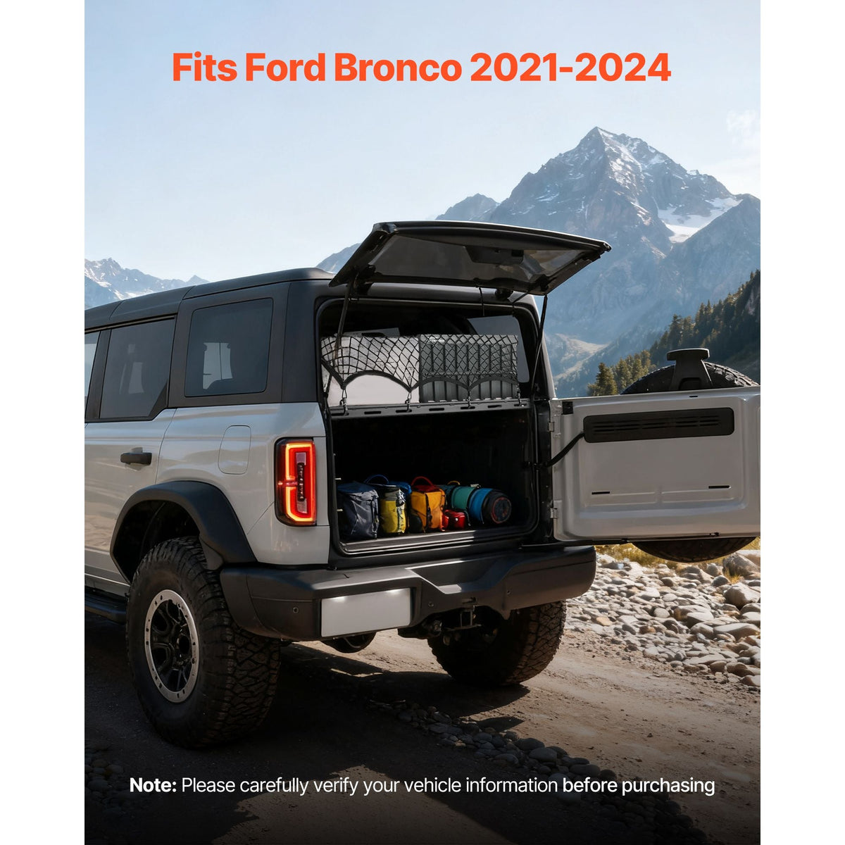 Rear Trunk Cargo Rack, for 2021-2024 Ford Bronco, 300 lbs Capacity, Carbon Steel Basket Tray Interior Storage Luggage Carrier with Net, Back Shelf Stand Organizer for Camping Trip Gear, Black