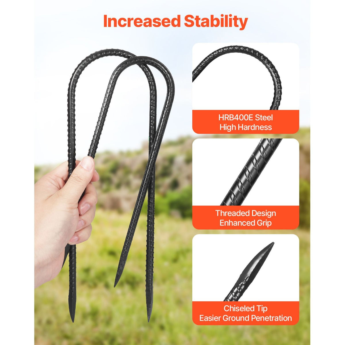 Rebar Stakes, 12-Inch, Heavy-Duty 0.32 in Diameter U Shape, Galvanized Steel Ground Anchors with Chisel Point End & Rust-Resistant Coating, for Gardening Support, Fence, Camping Tents (8-Pack)