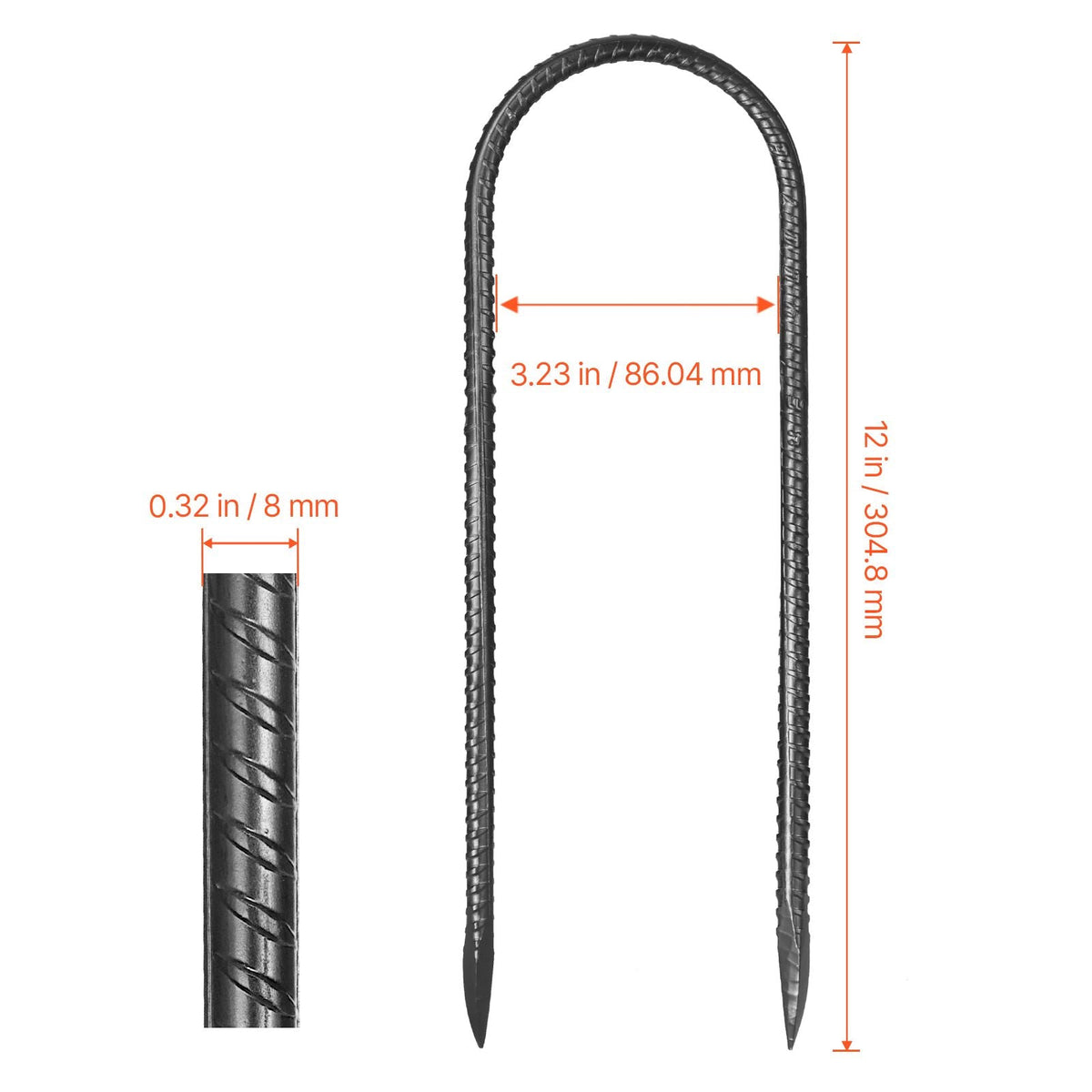 Rebar Stakes, 12-Inch, Heavy-Duty 0.32 in Diameter U Shape, Galvanized Steel Ground Anchors with Chisel Point End & Rust-Resistant Coating, for Gardening Support, Fence, Camping Tents (8-Pack)