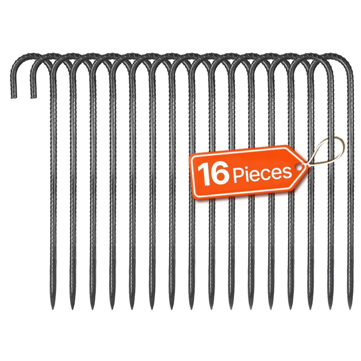 Rebar Stakes, 16-Inch, Heavy-Duty 0.4 in Diameter J Hook, Galvanized Steel Ground Anchors with Chisel Point End & Rust-Resistant Coating, for Gardening Support, Fence, Camping Tents (16-Pack)