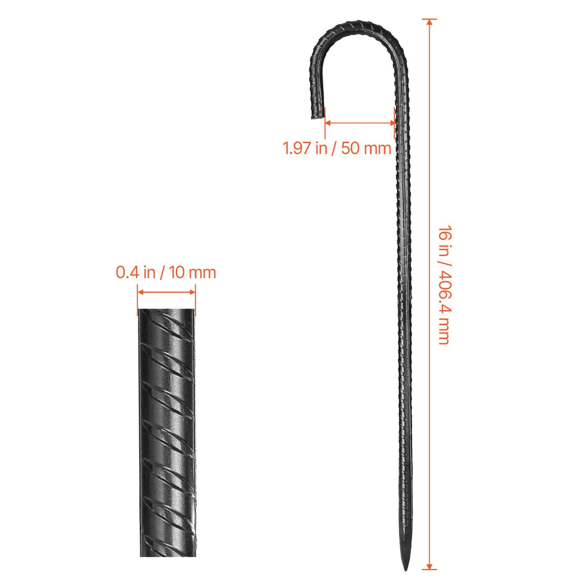 Rebar Stakes, 16-Inch, Heavy-Duty 0.4 in Diameter J Hook, Galvanized Steel Ground Anchors with Chisel Point End & Rust-Resistant Coating, for Gardening Support, Fence, Camping Tents (16-Pack)