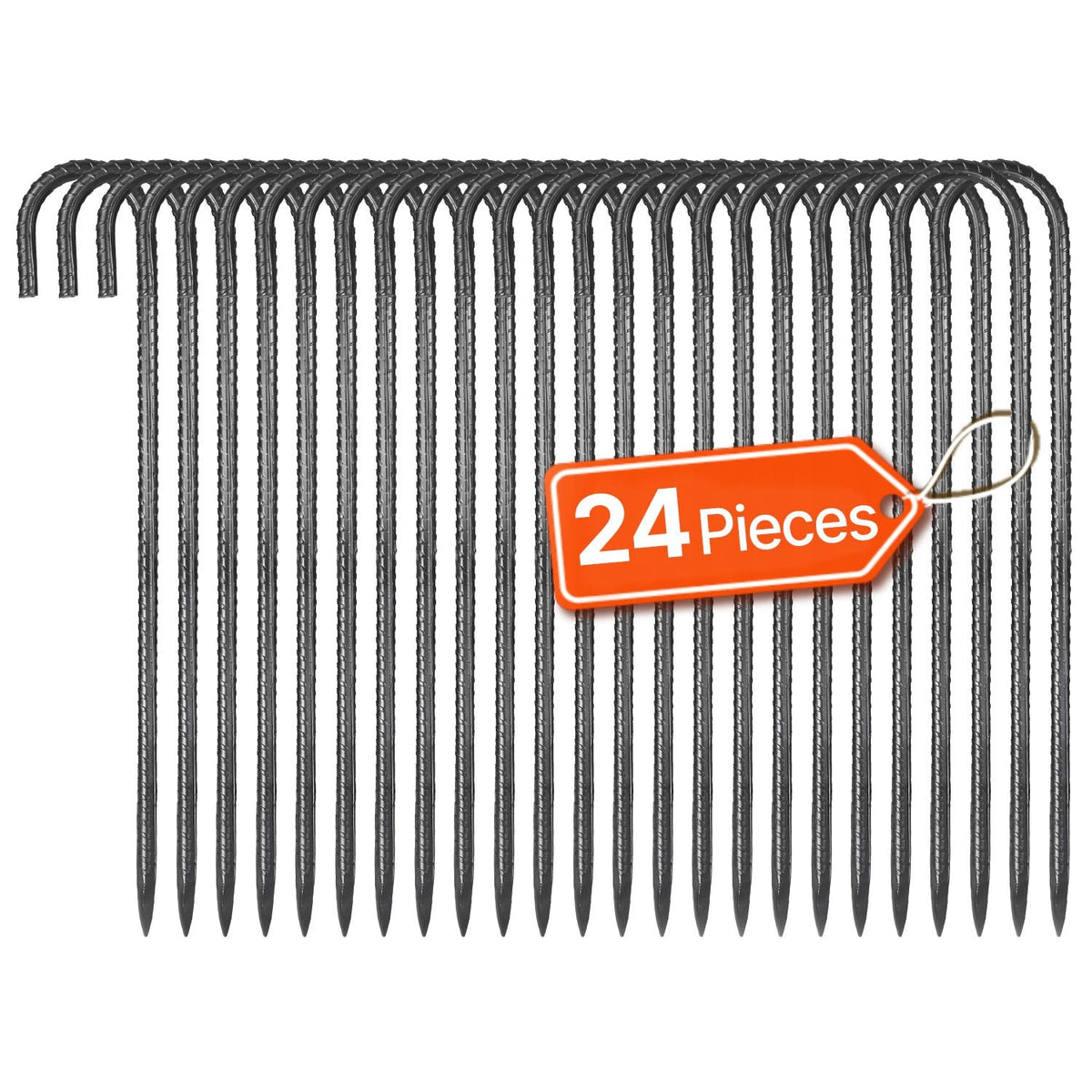 Rebar Stakes, 16-Inch, Heavy-Duty 0.4 in Diameter J Hook, Galvanized Steel Ground Anchors with Chisel Point End & Rust-Resistant Coating, for Gardening Support, Fence, Camping Tents (24-Pack)