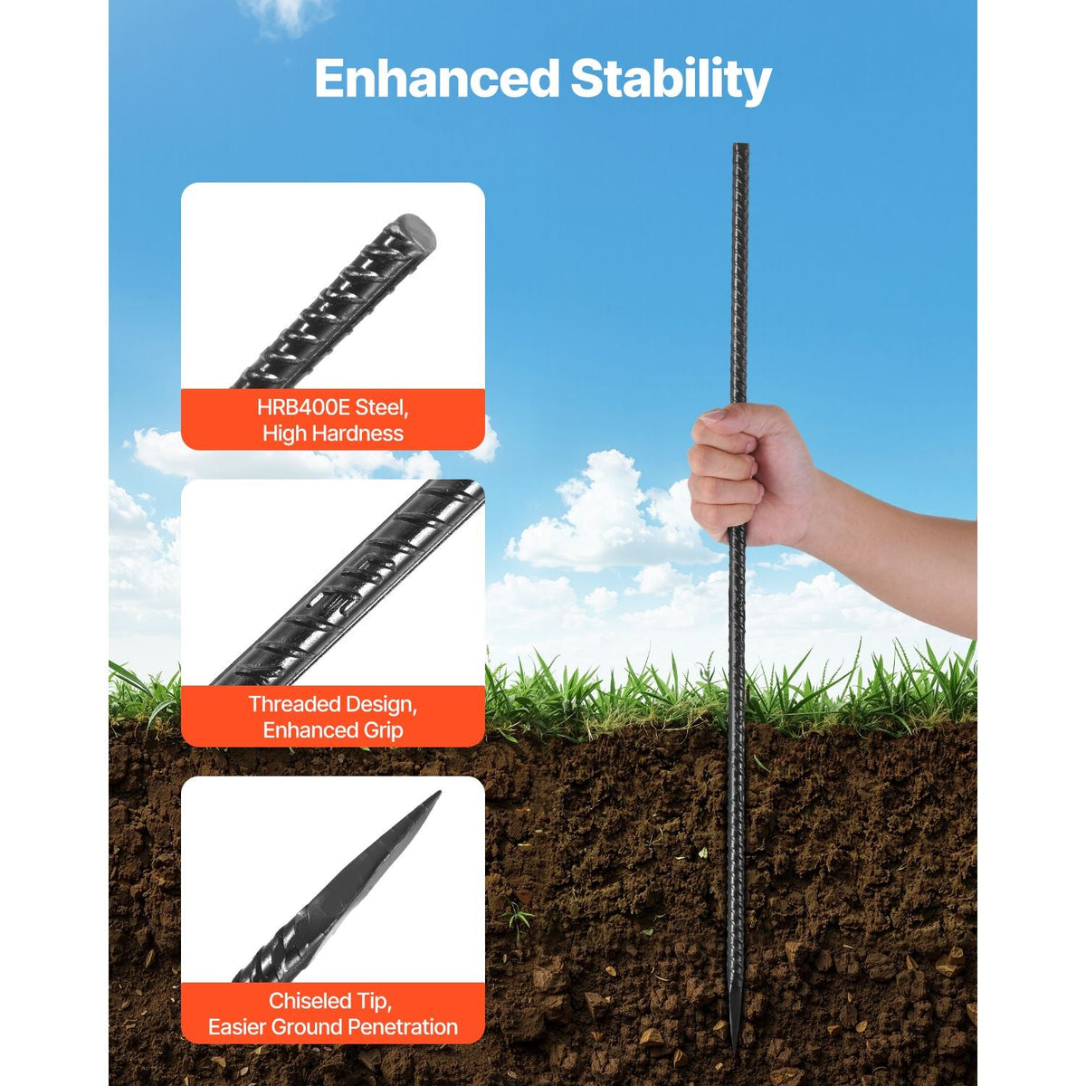 Rebar Stakes, 24-Inch, Heavy-Duty 0.47 in Diameter, Straight Galvanized Steel Ground Anchors with Chisel Point End & Rust-Resistant Coating, for Gardening Support, Fence, Camping Tents (20-Pack)