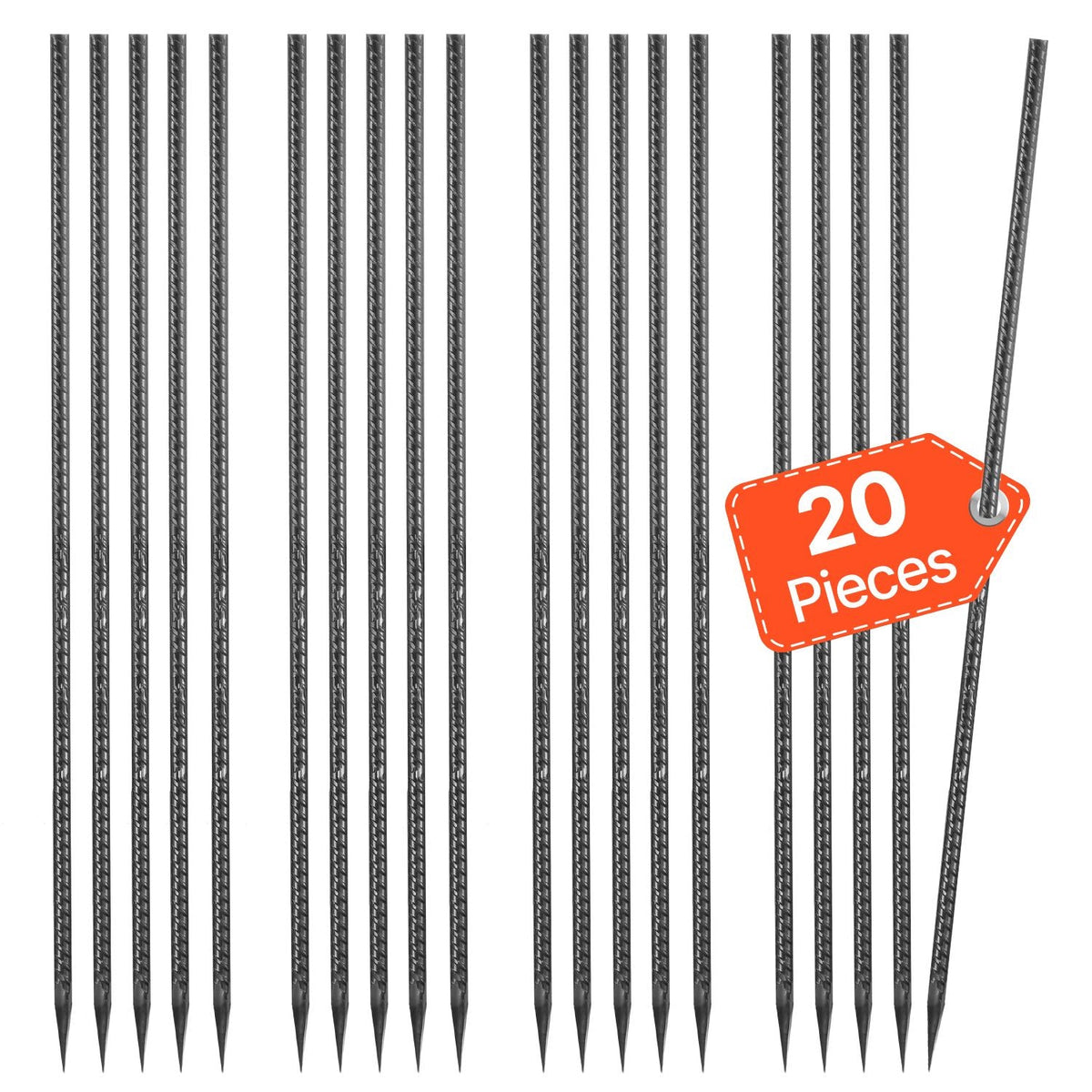 Rebar Stakes, 24-Inch, Heavy-Duty 0.47 in Diameter, Straight Galvanized Steel Ground Anchors with Chisel Point End & Rust-Resistant Coating, for Gardening Support, Fence, Camping Tents (20-Pack)