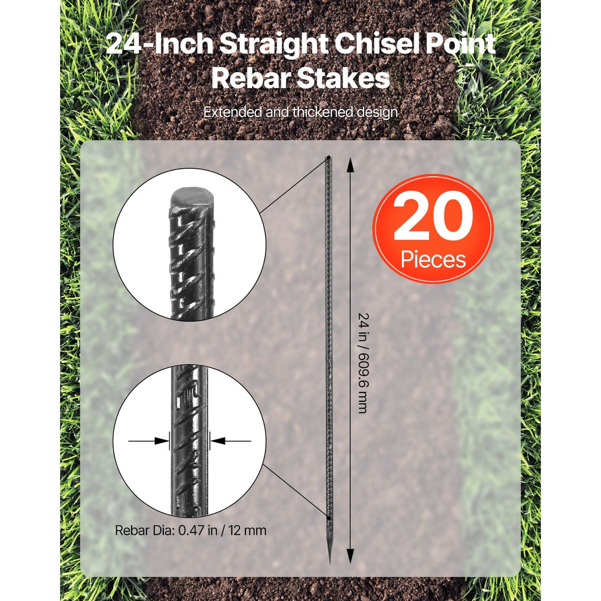 Rebar Stakes, 24-Inch, Heavy-Duty 0.47 in Diameter, Straight Galvanized Steel Ground Anchors with Chisel Point End & Rust-Resistant Coating, for Gardening Support, Fence, Camping Tents (20-Pack)