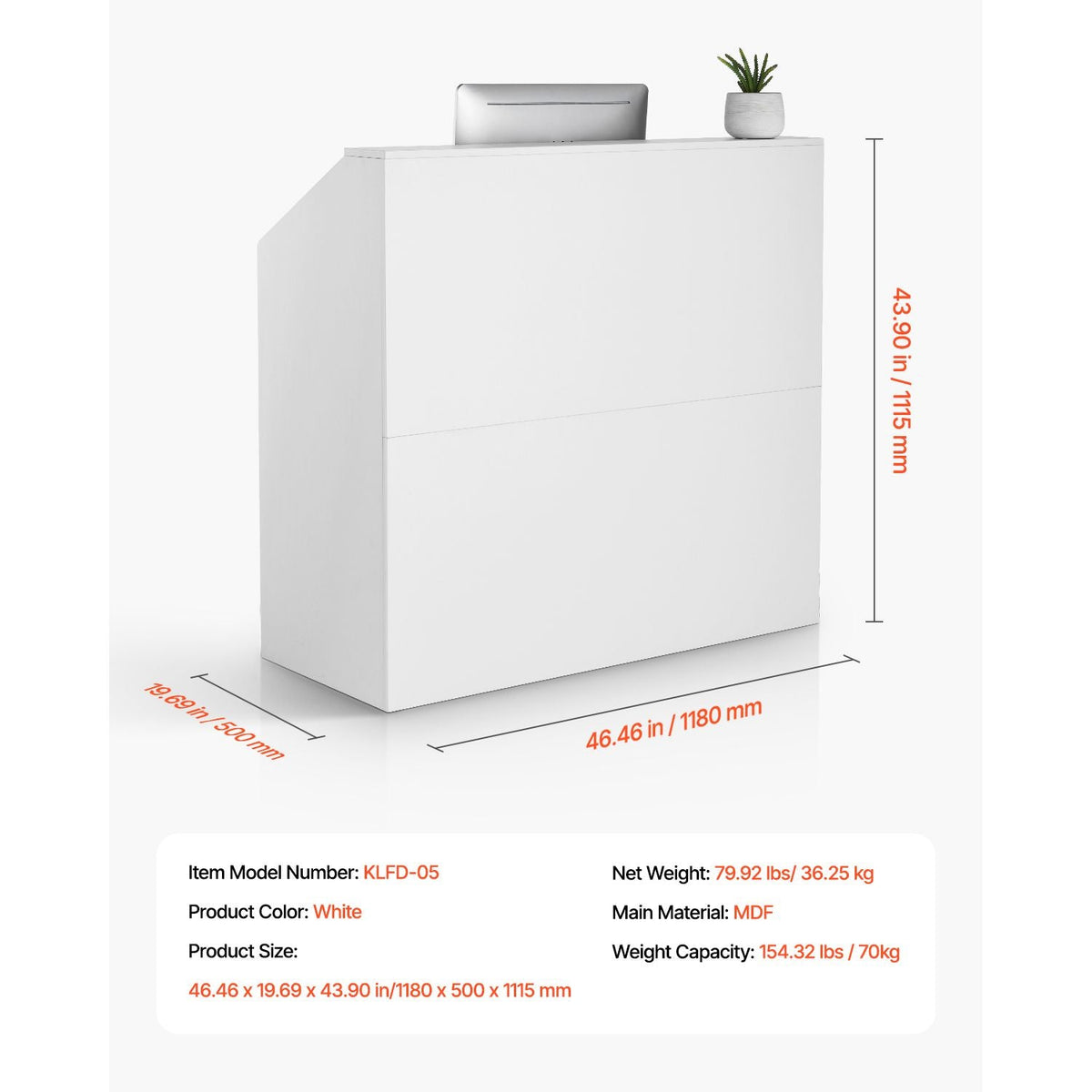 Reception Desk, 46 Inch Rectangular Front Counter Table, Office Reception Desk, Retail Counter and Front Reception Counter, for Checkout, Lobby, Beauty Salon and Office, White