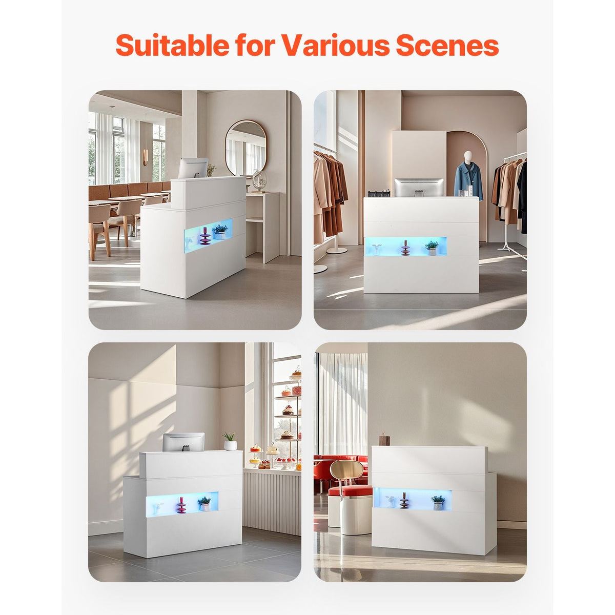 Reception Desk, 47 Inch Rectangular Front Counter Table, Office Reception Desk with LED Light, 2 Drawers and Power Outlets, for Checkout, Lobby, Beauty Salon and Office, White