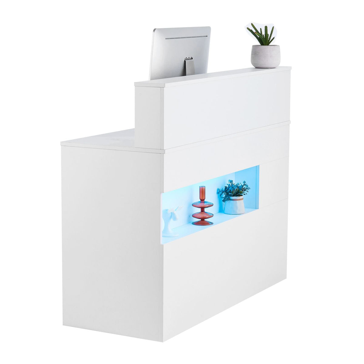 Reception Desk, 47 Inch Rectangular Front Counter Table, Office Reception Desk with LED Light, 2 Drawers and Power Outlets, for Checkout, Lobby, Beauty Salon and Office, White