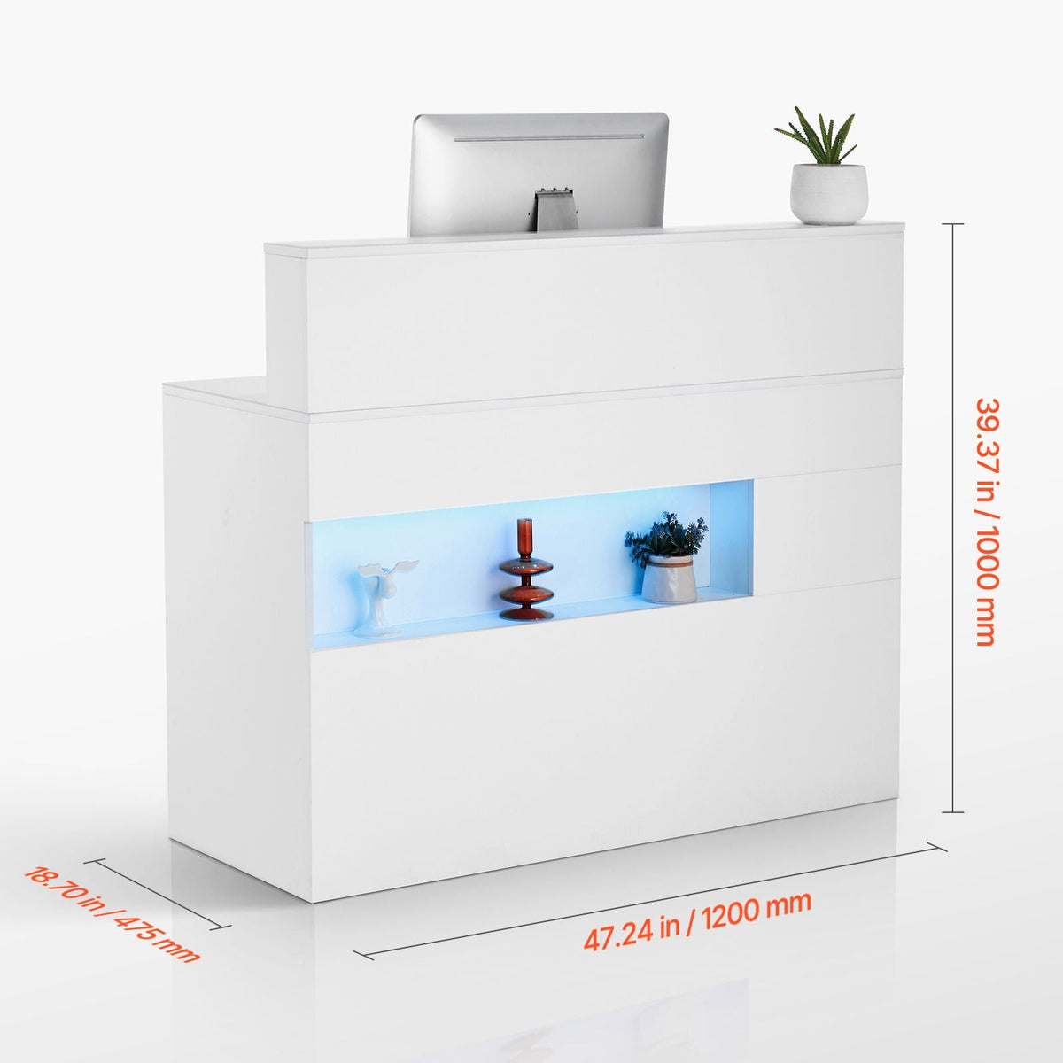 Reception Desk, 47 Inch Rectangular Front Counter Table, Office Reception Desk with LED Light, 2 Drawers and Power Outlets, for Checkout, Lobby, Beauty Salon and Office, White