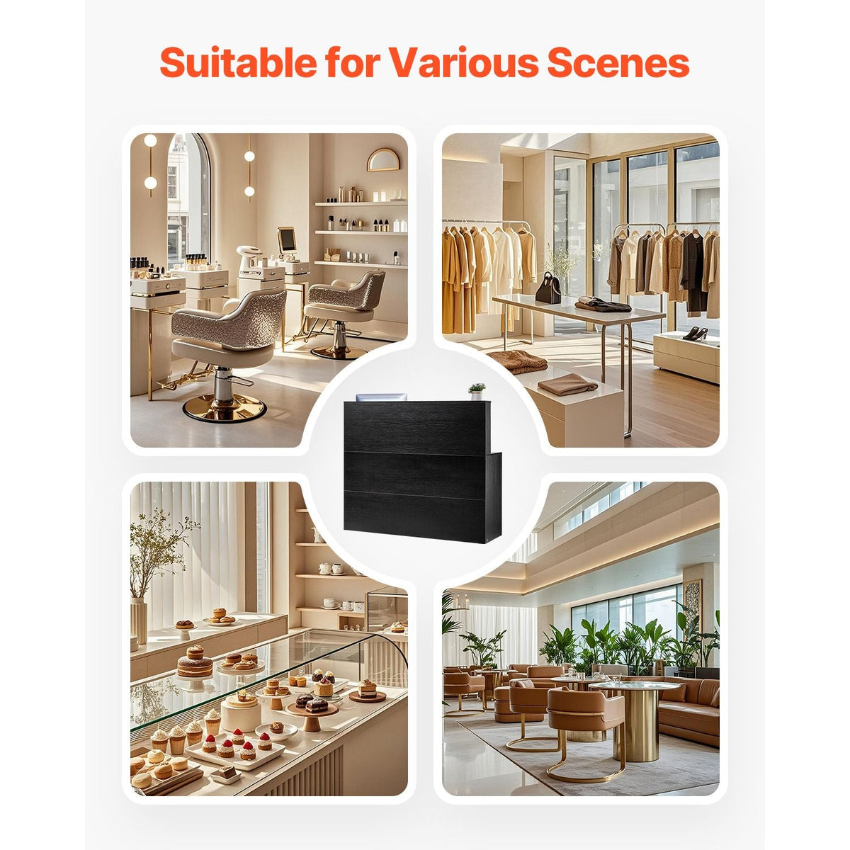 Reception Desk, 55Inch L-Shaped Front Counter Table, Office Reception Counter with Drawer Keyboard Tray and Storage Cabinet, for Checkout, Lobby, Beauty Salon & Office, Black