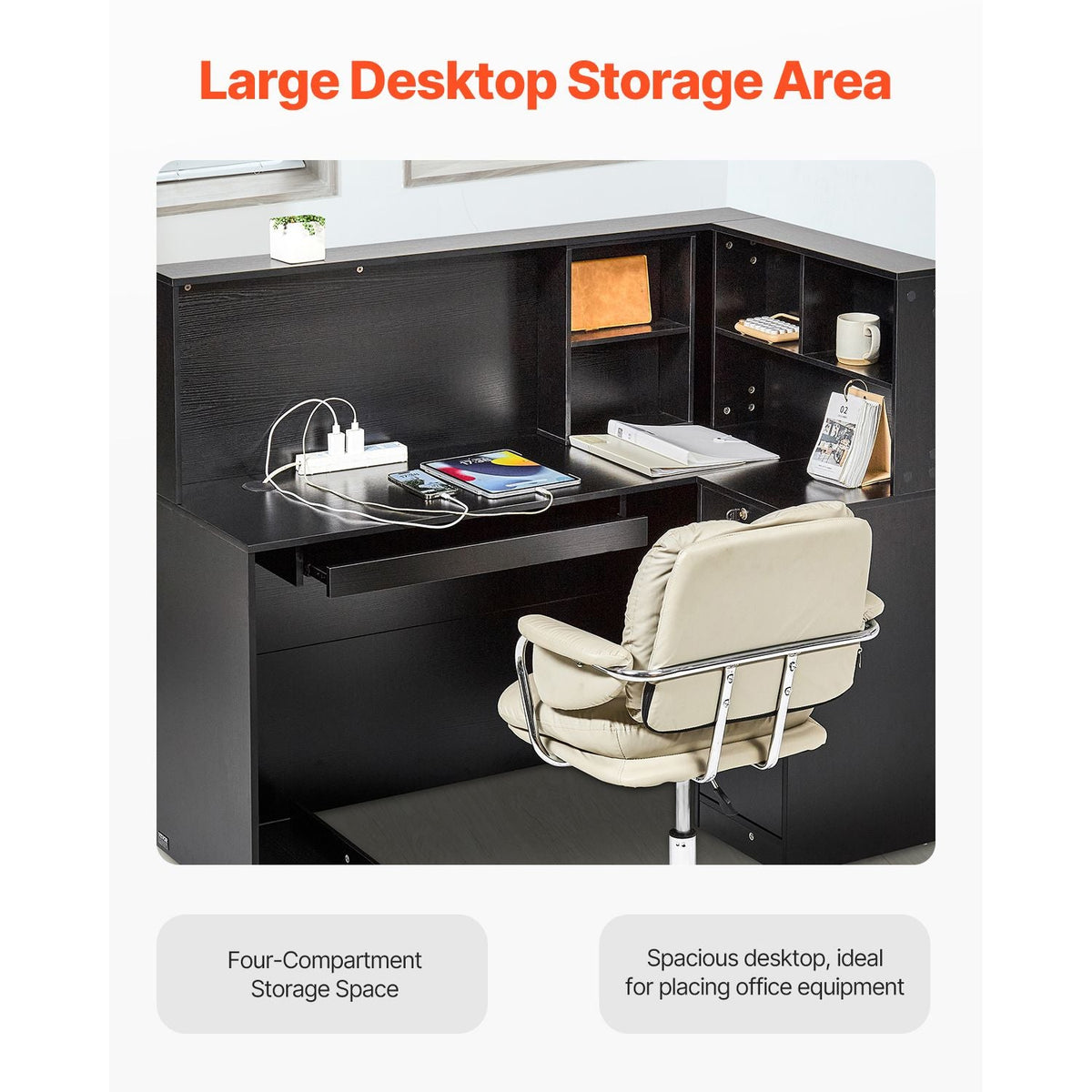 Reception Desk, 55Inch L-Shaped Front Counter Table, Office Reception Counter with Drawer Keyboard Tray and Storage Cabinet, for Checkout, Lobby, Beauty Salon & Office, Black