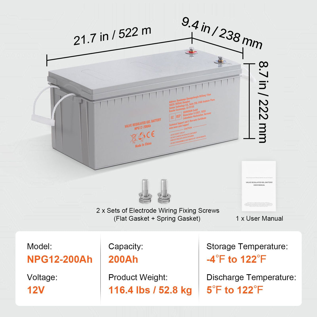 Rechargeable AGM Marine Battery, 12V 200 AH, Designed for RV Solar Marine Off-Grid Use, UPS Backup, with a Self-Discharge Rate, 1400A Current