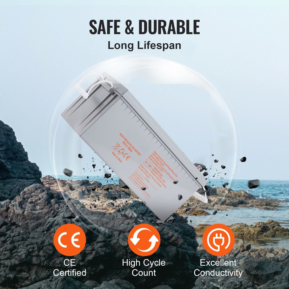 Rechargeable AGM Marine Battery, 12V 200 AH, Designed for RV Solar Marine Off-Grid Use, UPS Backup, with a Self-Discharge Rate, 1400A Current