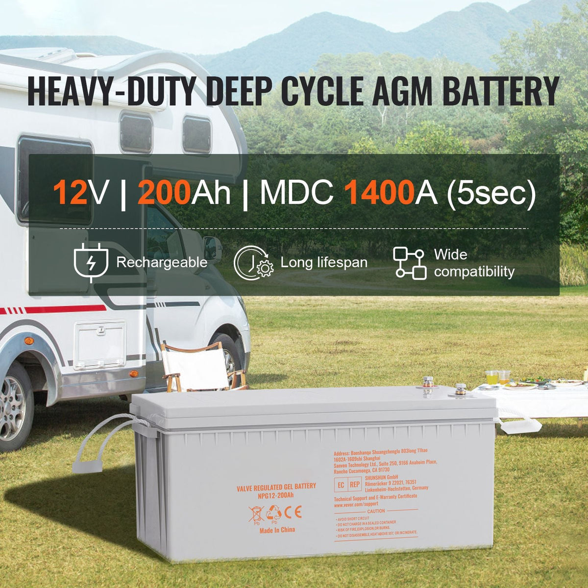 Rechargeable AGM Marine Battery, 12V 200 AH, Designed for RV Solar Marine Off-Grid Use, UPS Backup, with a Self-Discharge Rate, 1400A Current