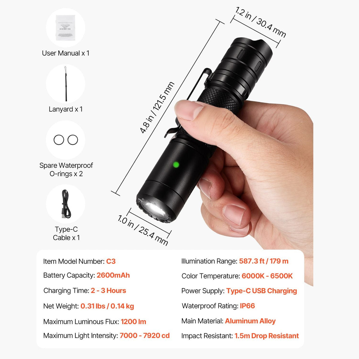 Rechargeable Flashlight, High Lumens LED Flashlight with 6 Lighting Modes, IP66 Waterproof Handheld Flash Light for Home, Hiking, Camping, Emergencies, Lightweight & Portable