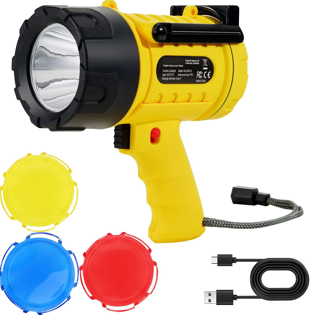 Rechargeable Spotlight Flashlight, 1000,000 Lumens, IP67 Waterproof Handheld LED Spot Light, Super Bright Portable Searchlight with 4 Modes Detachable Lens USB Port, for Hunting Boating Camping
