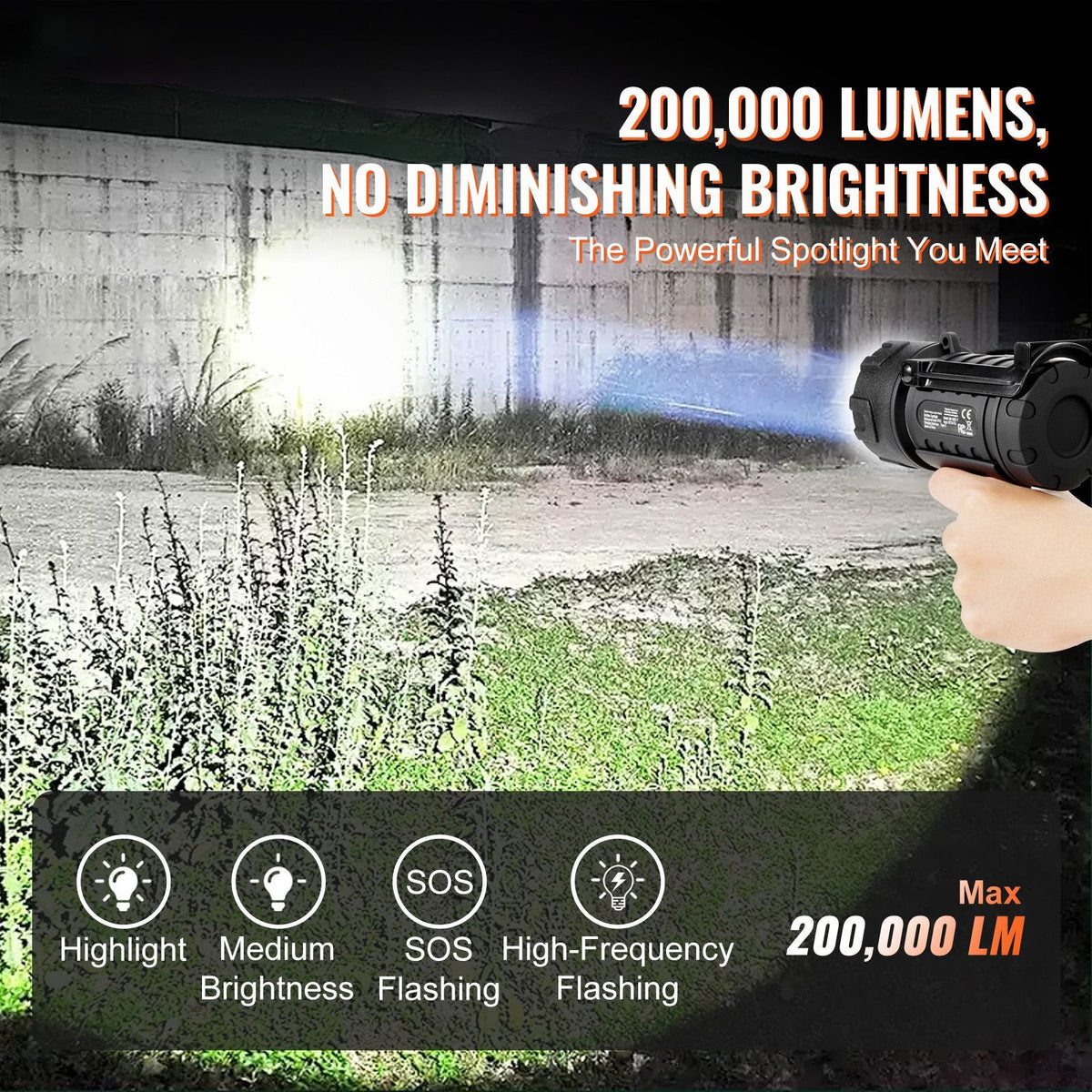 Rechargeable Spotlight Flashlight, 200,000 Lumens, IP67 Waterproof Handheld LED Spot Light, Super Bright Portable Searchlight with 4 Modes Detachable Lens USB Port, for Hunting Boating Camping