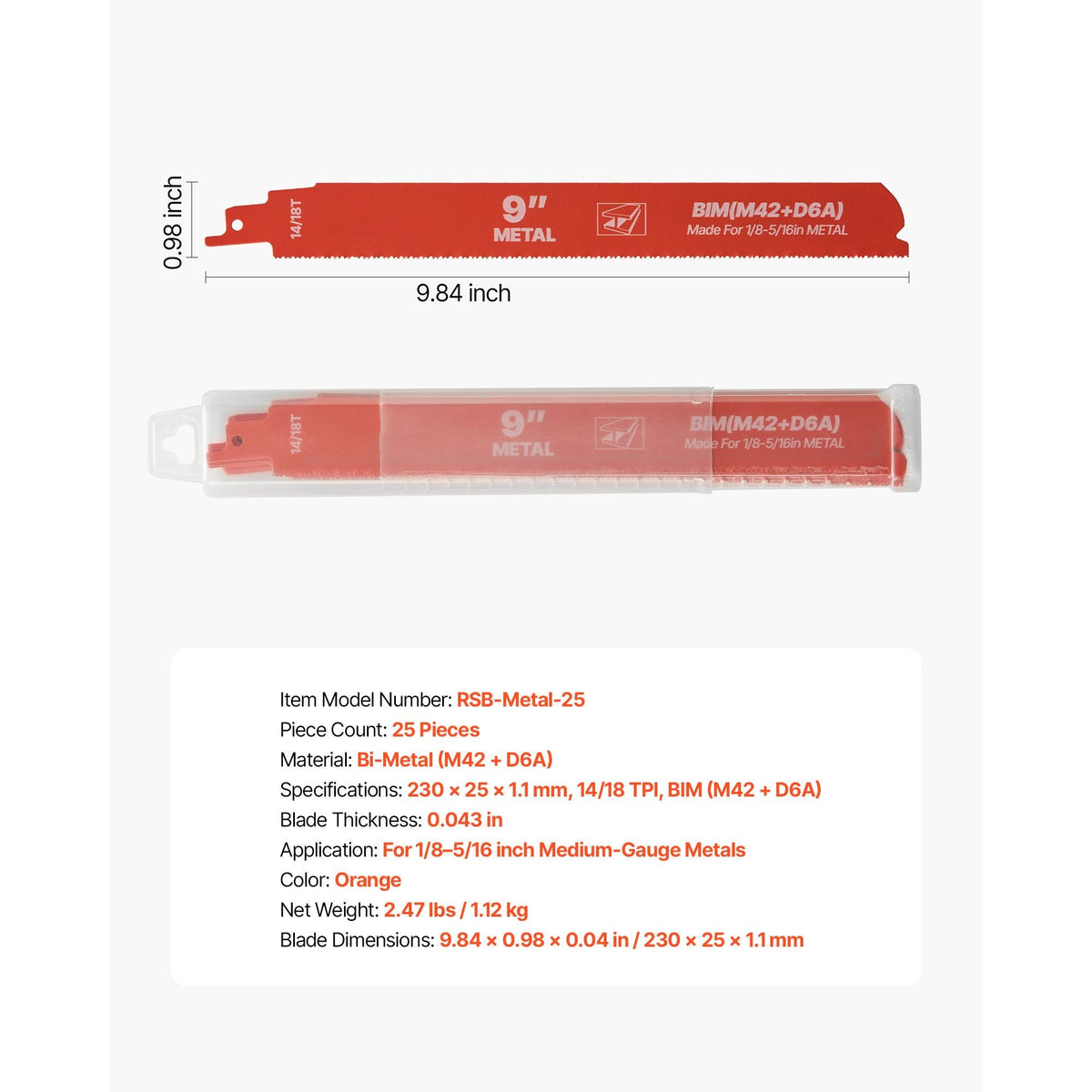 Reciprocating Saw Blades, 25 Pack, 14/18 TPI Bi-Metal Reciprocating Saw Blade Set with Universal Shank, Sharp Teeth for Fast and Smooth Cuts, for Cutting 1/8-5/16 inch Medium Metals, Orange
