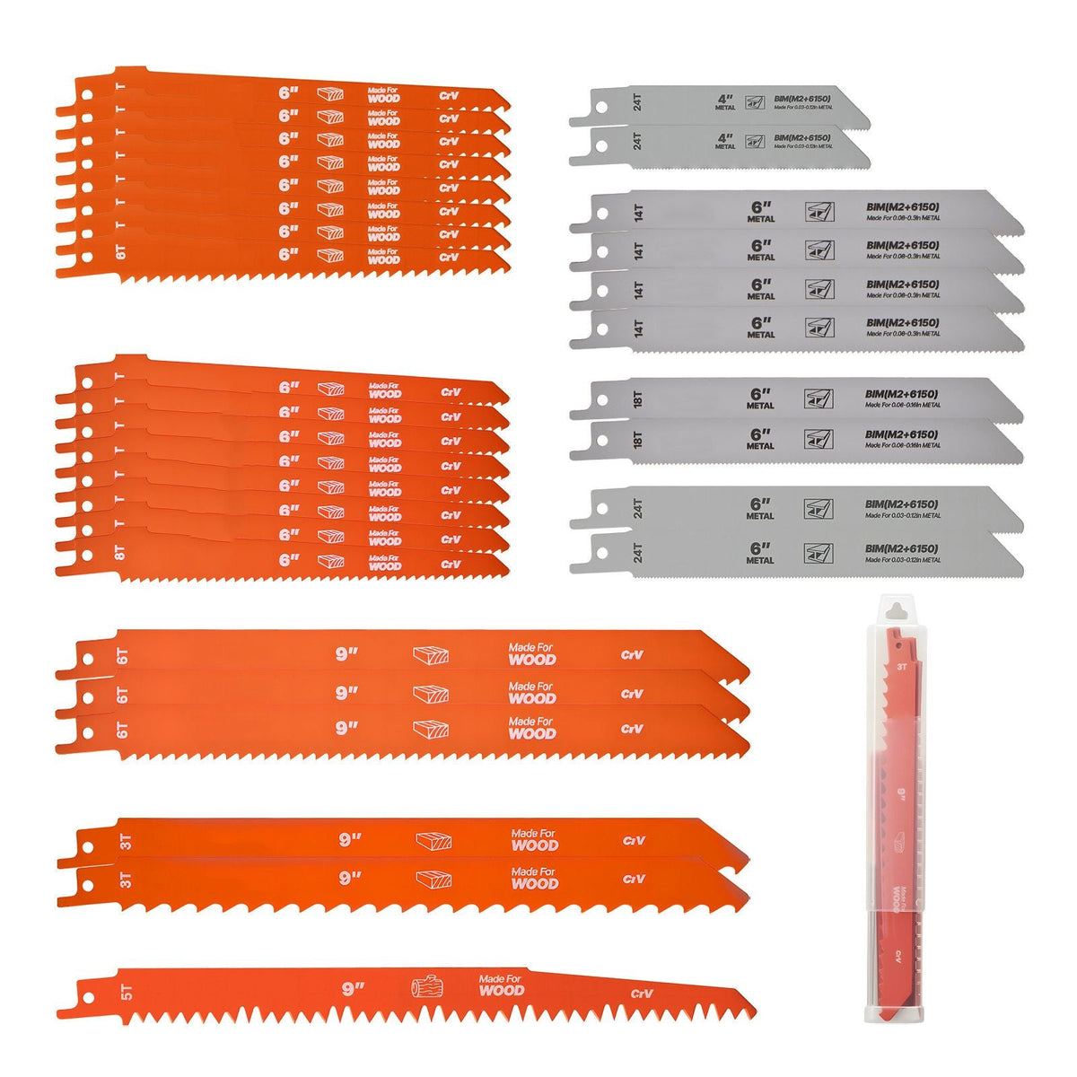 Reciprocating Saw Blades, 32-Piece, Various Sizes Bi-Metal Reciprocating Saw Blade Set with Universal Shank, for Metal and Wood Cutting, Sharp Teeth for Fast and Smooth Cuts, Orange and Gray